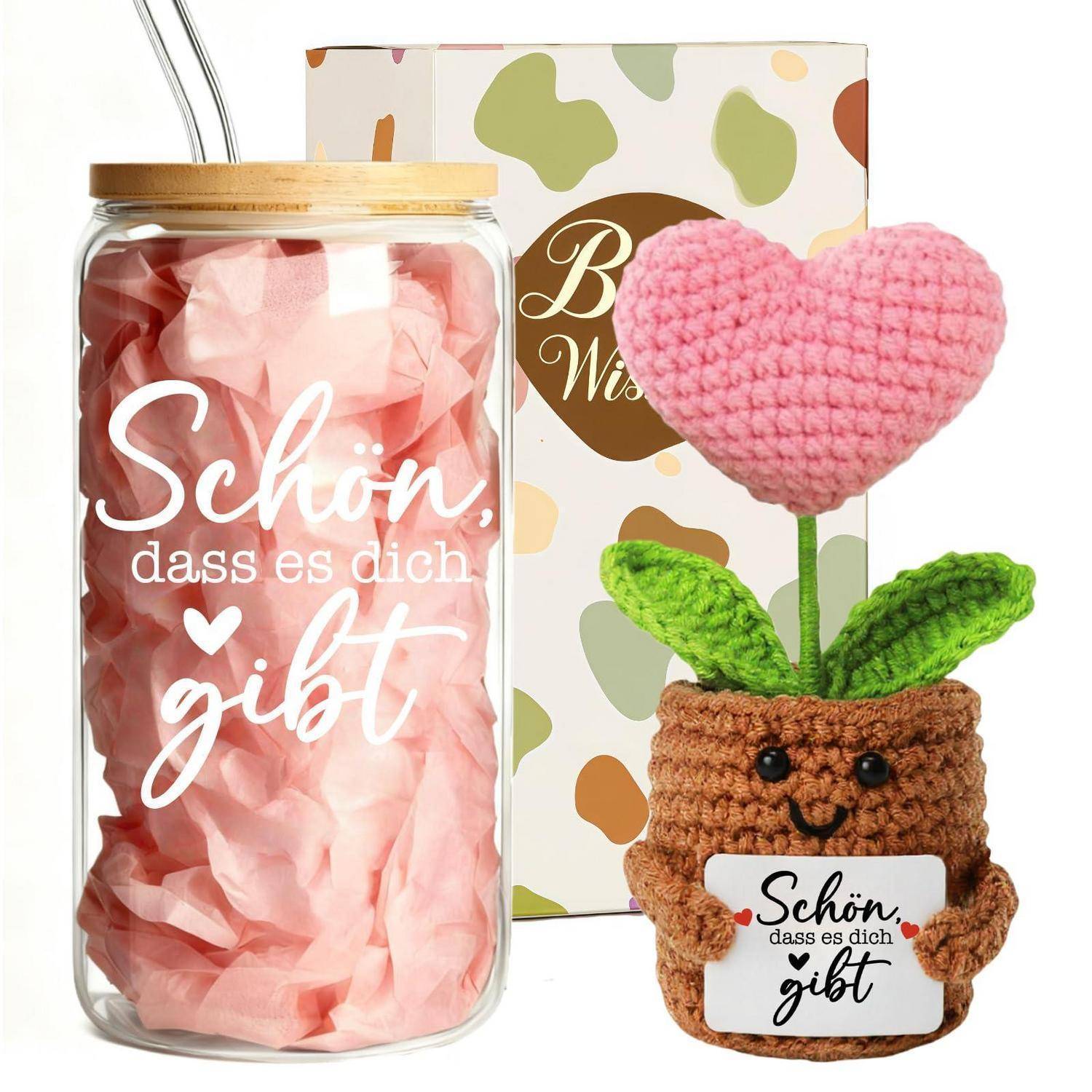 Geschenkset mit einem Glaskrug und einem gehäkeltem Blumentopf, beide mit den Aufschriften „Schön, dass es dich gibt