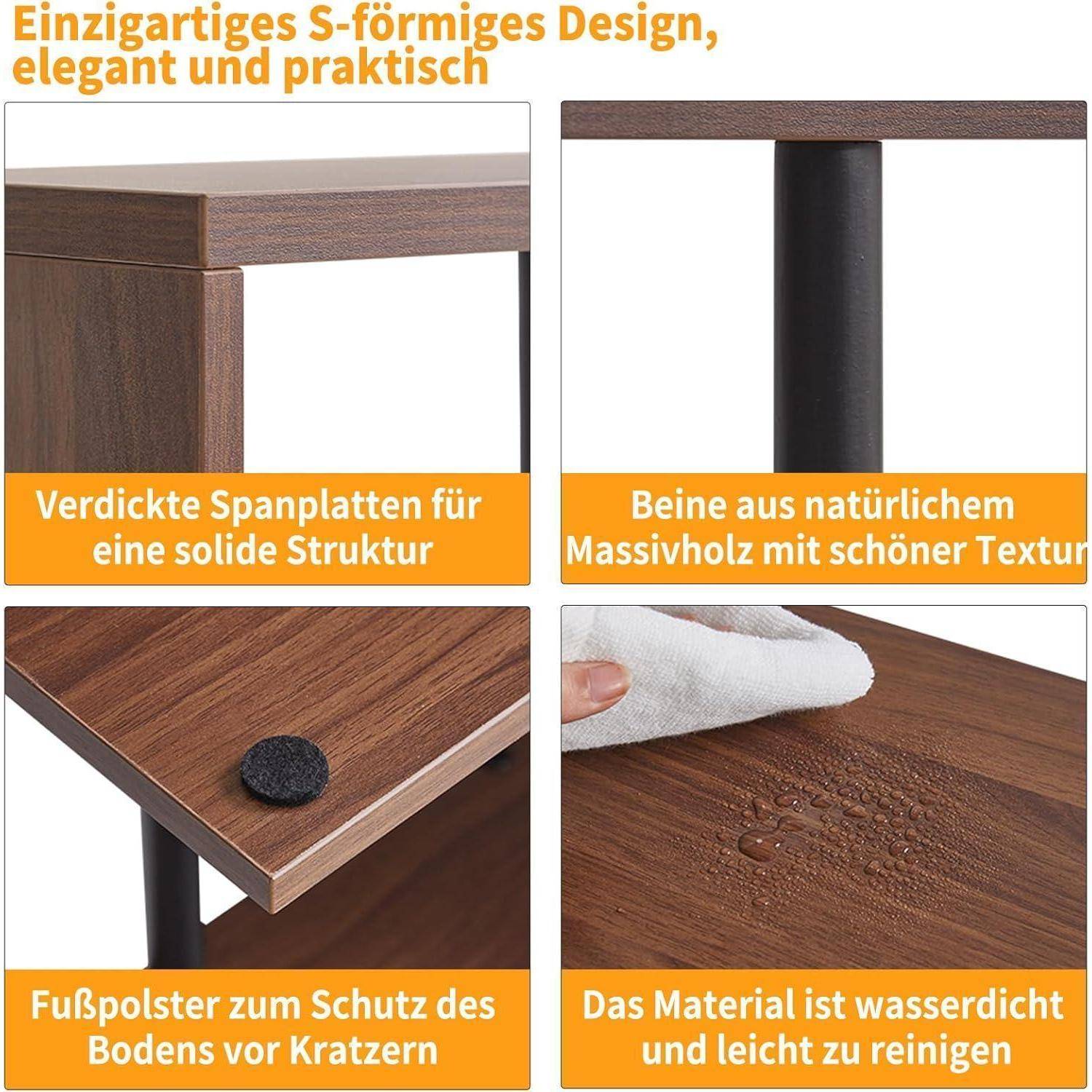 Aibiju S-förmiger schmaler Beistelltisch, 3-stufiger Beistelltisch mit offenen Ablageflächen, rutschfesten Füßen, moderner Nachttisch, Sofatisch