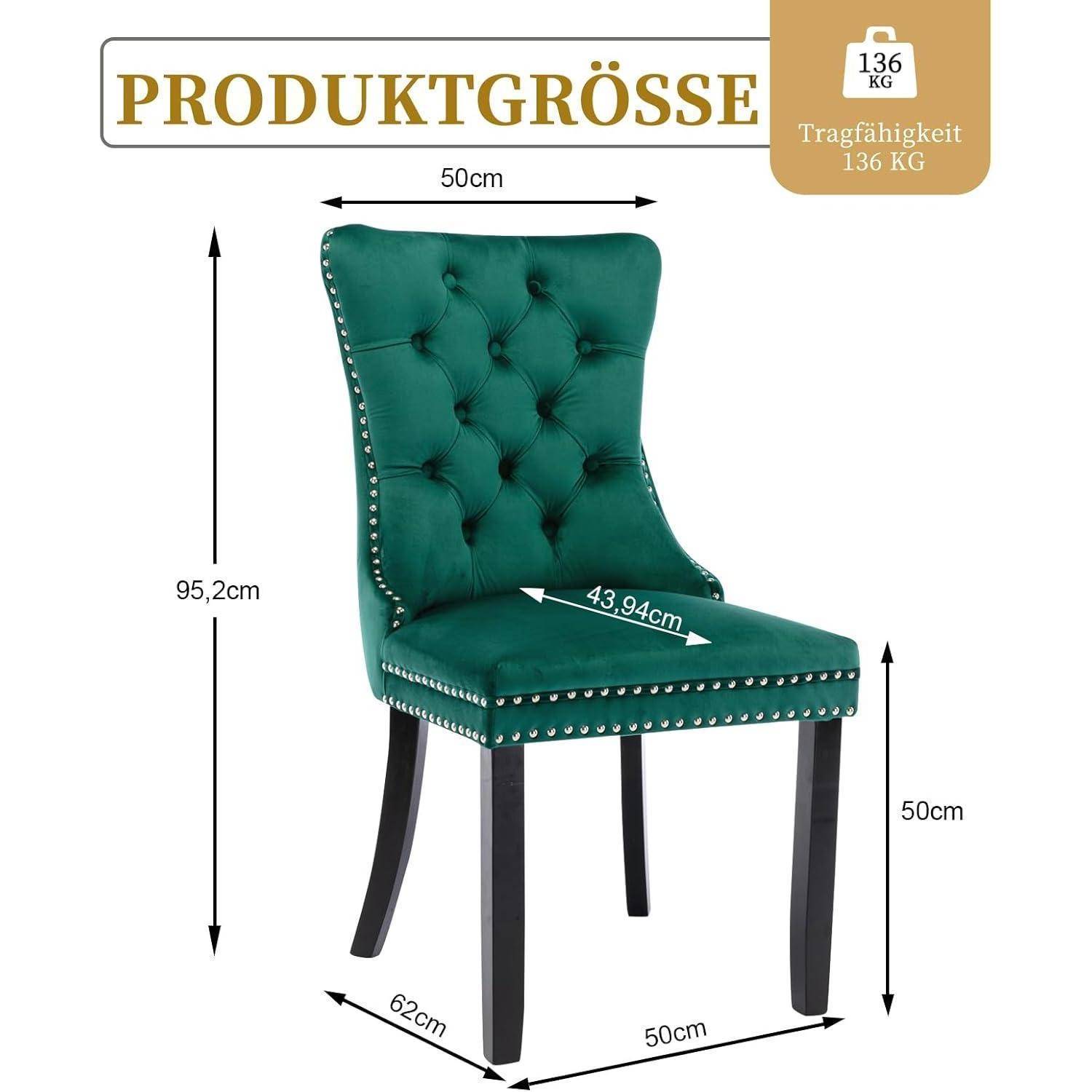 Abgebildeter grüner gepolsterter Stuhl mit angegebenen Abmessungen: 50 cm breit, 95,2 cm hoch, 50 cm Sitzhöhe, 62 cm tief, 43,94 cm Sitztiefe, Tragfähigkeit 136 kg.
