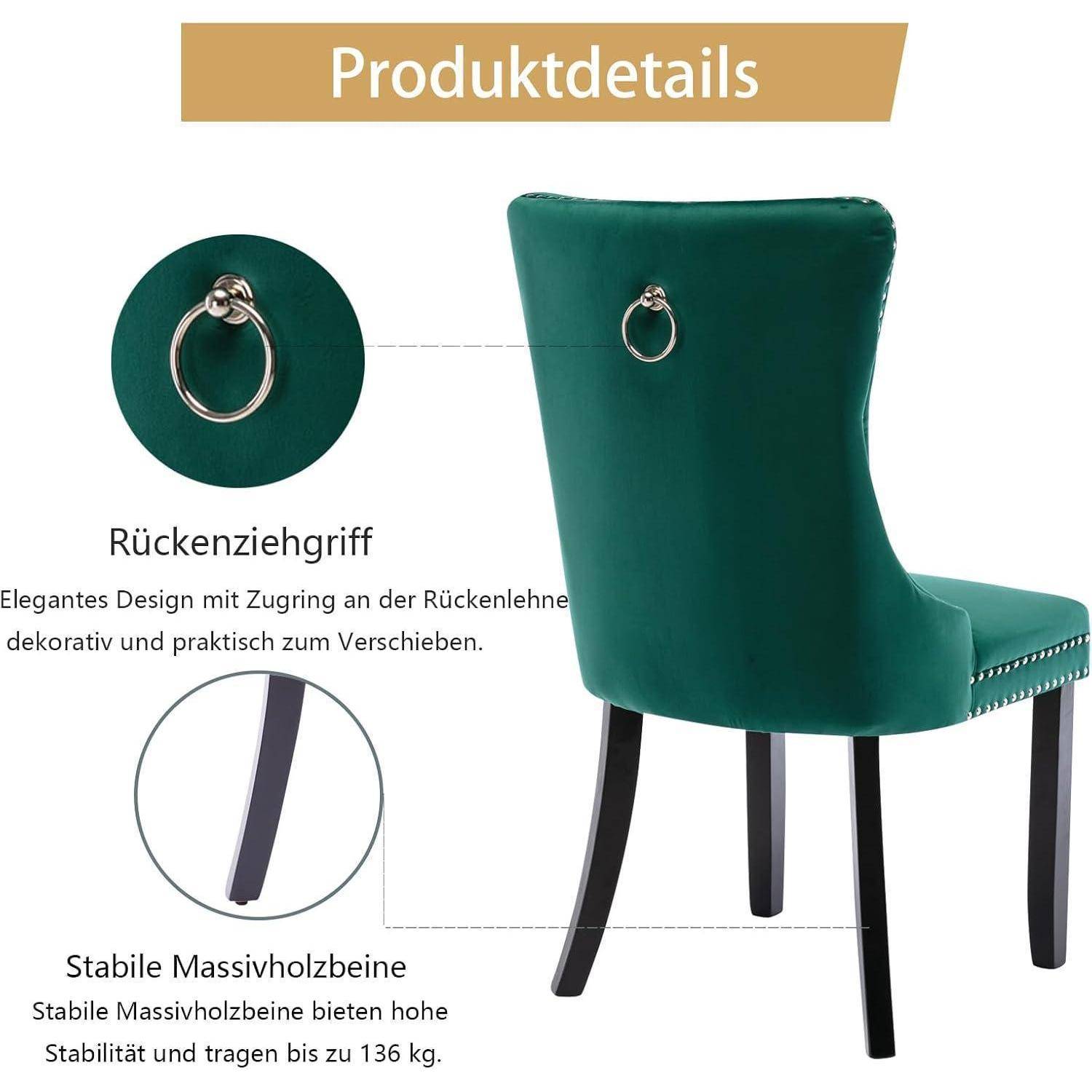 Produktdetails-Grafik zeigt einen grün gepolsterten Stuhl mit einem Griffgriff auf der Rückseite zum einfachen Bewegen und stabilen Holzbeinen, die bis zu 136 kg tragen.