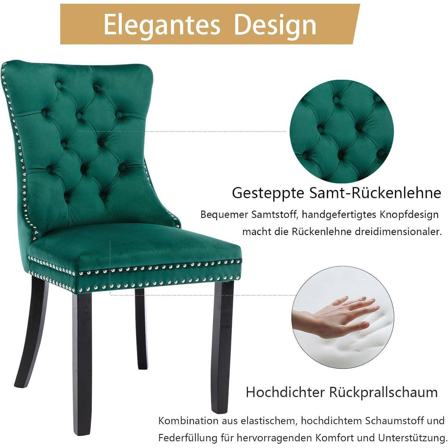 Grüner gepolsterter Esszimmerstuhl mit gesteppter Rückenlehne, Nietzierleiste und schwarzen Beinen, gekennzeichnet mit „Elegantes Design" und „Gesteppte Samt-Rückenlehne"".