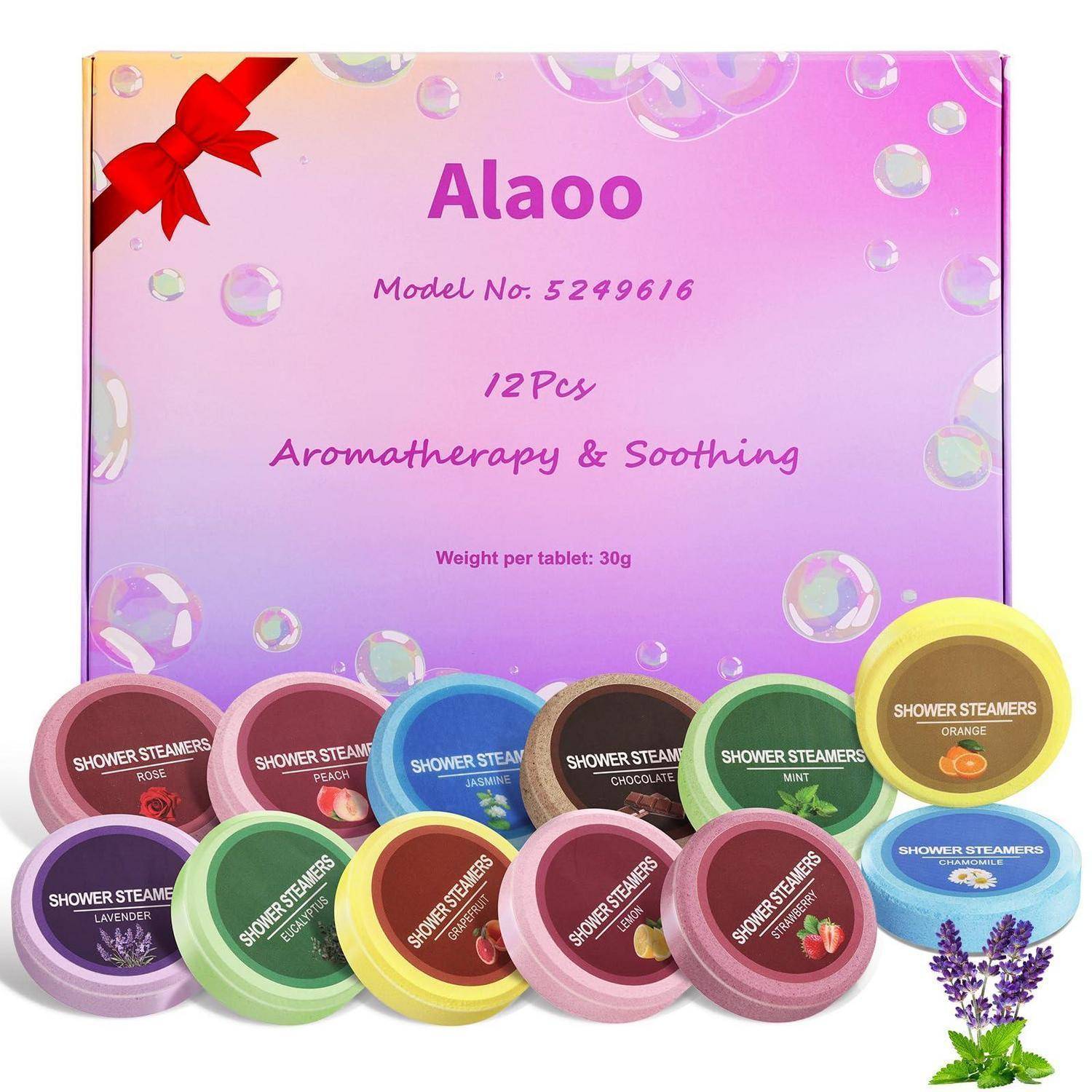 Alaoo Aromatherapie Dusch-Steamers Set, 12 Tablets, je 30g, in verschiedenen Düften mit Geschenkbox-Verpackung.