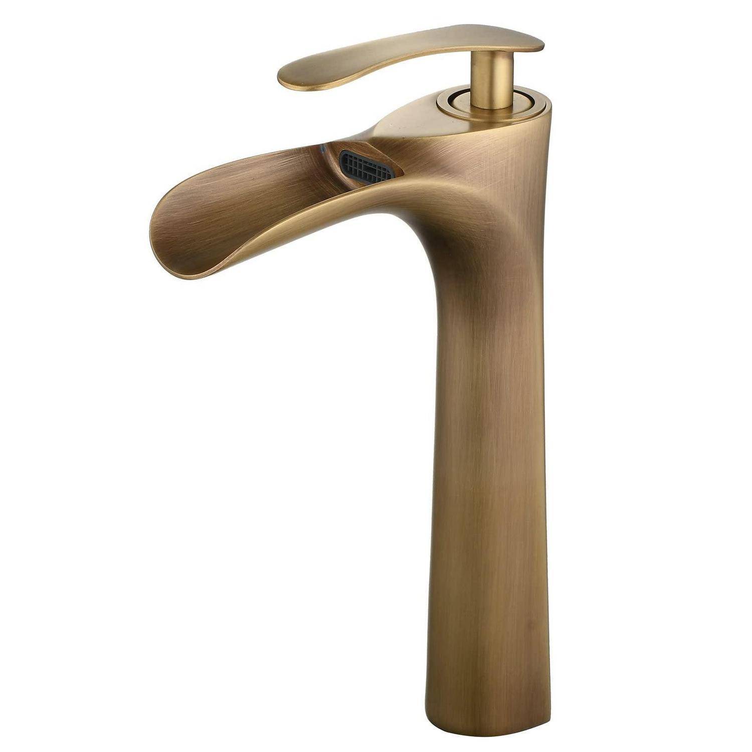 Ein bronzefarbener Badezimmerhahn mit einem Griff, hoher zylindrischer Basis und geschwungenem Auslauf auf weißem Hintergrund.