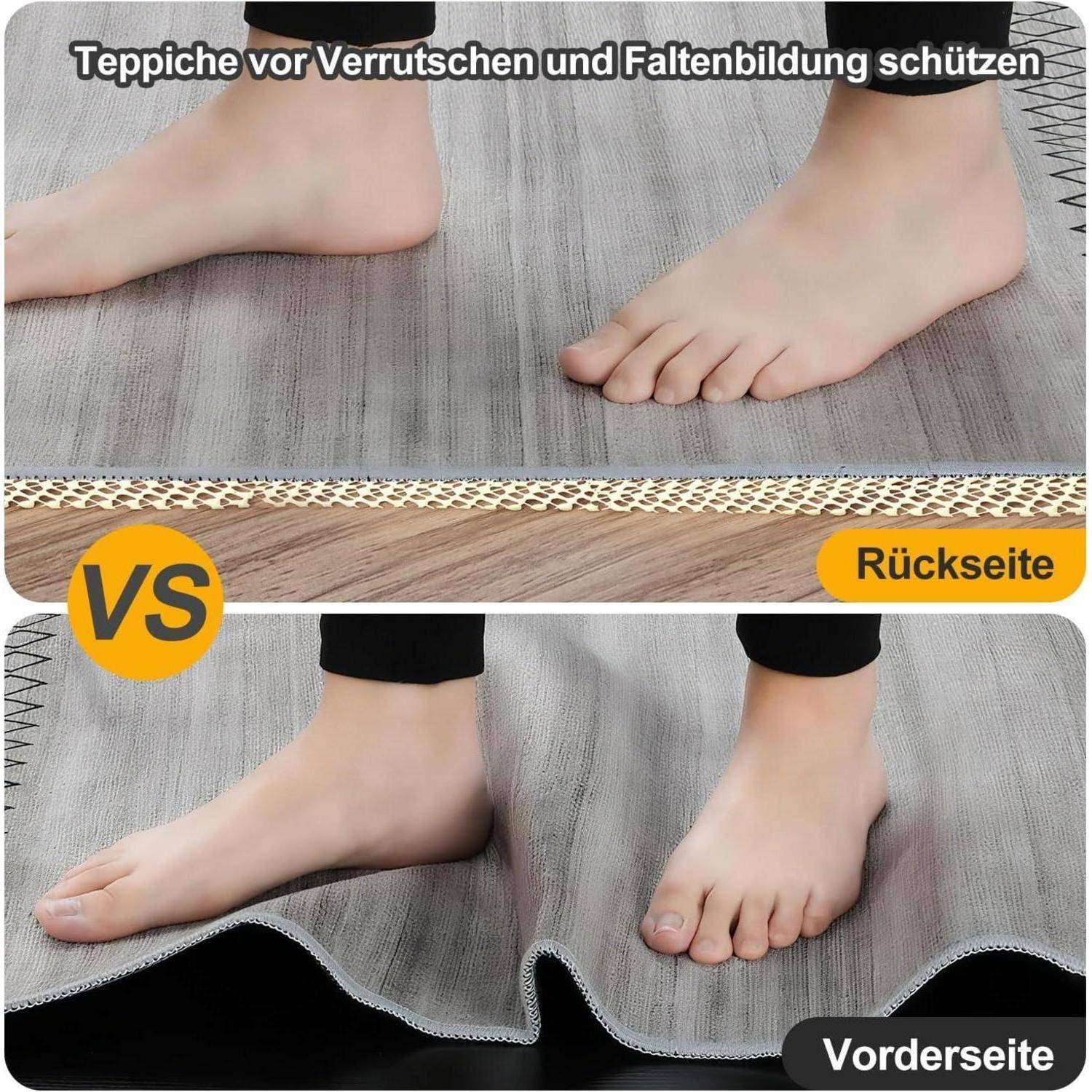 # Vergleichsbild, das Teppichkanten mit und ohne Rutschschutz zeigt; Deutscher Text sagt 'Teppiche vor Verrutschen und Faltenbildung schützen', 'Rückseite', 'Vorderseite', und 'VS'.