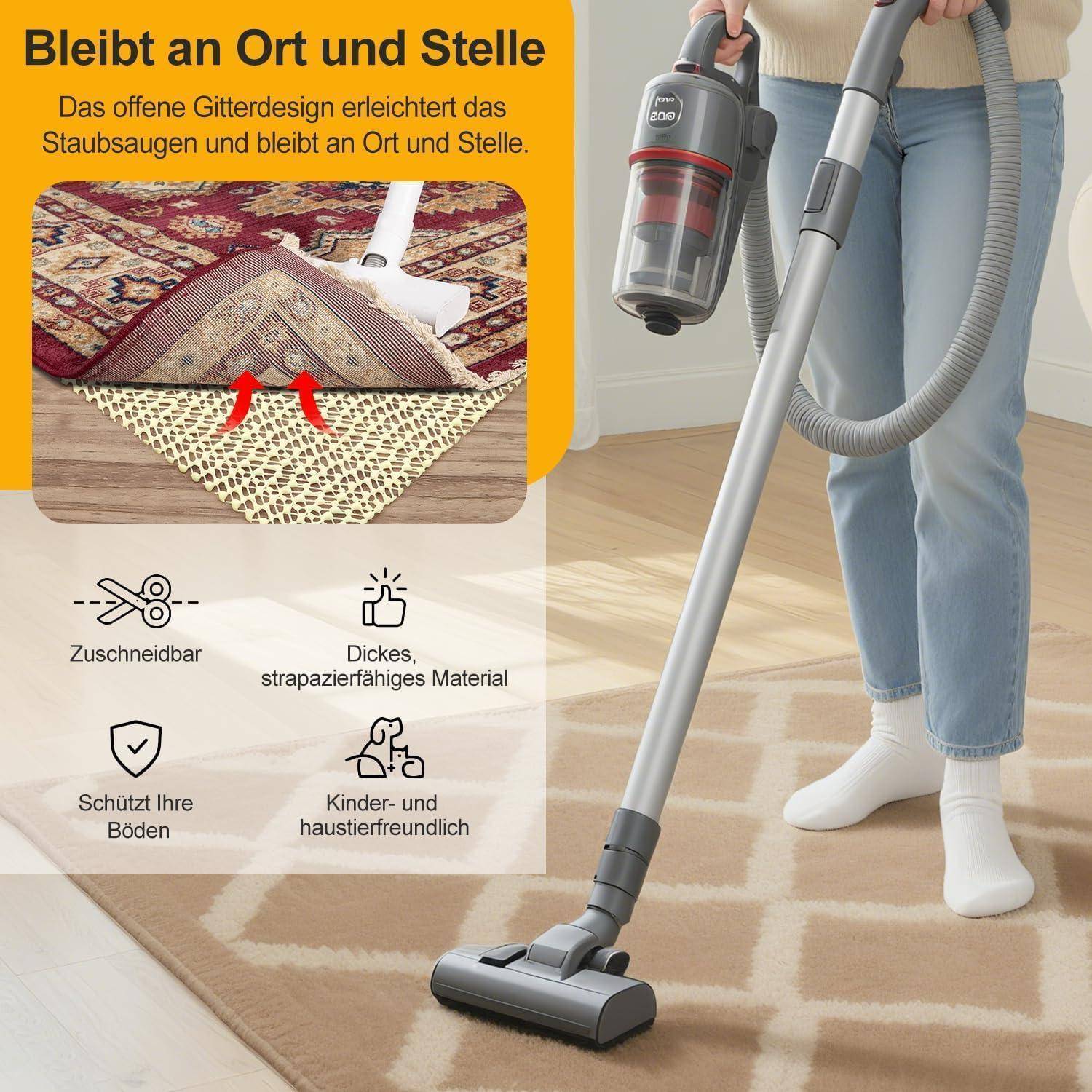 Aufrechtstaubsauger reinigt einen Teppich; deutsche Anzeige sagt „Bleibt an Ort und Stelle