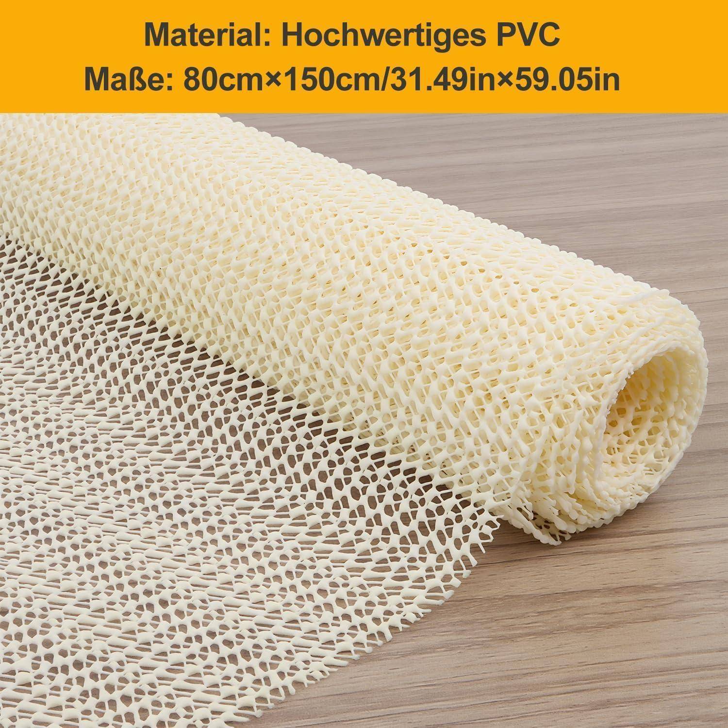 Aufgerollte weiße PVC-Gittermatte auf einer Holzoberfläche, beschriftet mit „Material: Hochwertiges PVC