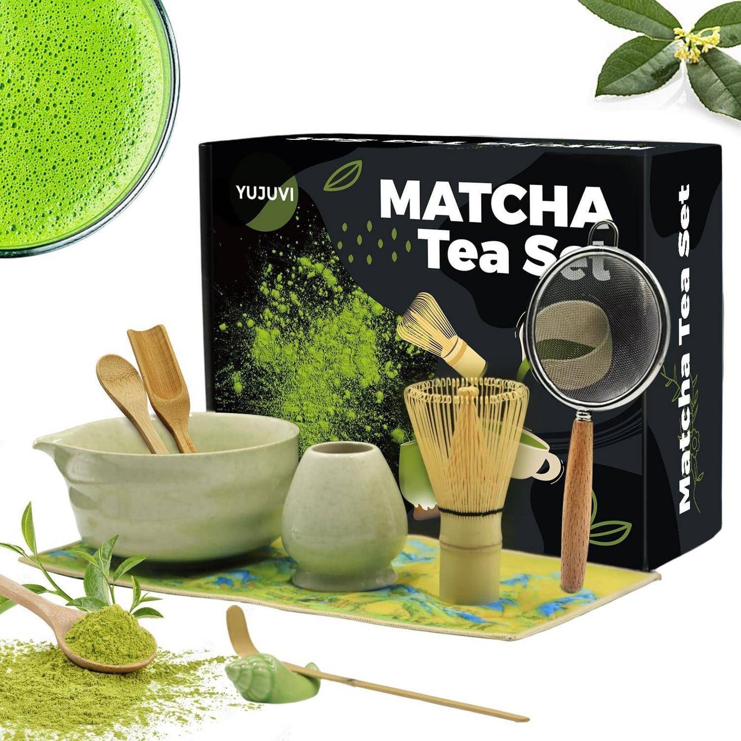 Matcha Tea Set Matcha Set 9-Teiliges Set Matcha Besen Matcha Schale mit Auslauf Japanisches Matcha Tea Set Matcha Besenhalter, Sieb, Schaufel, Tea