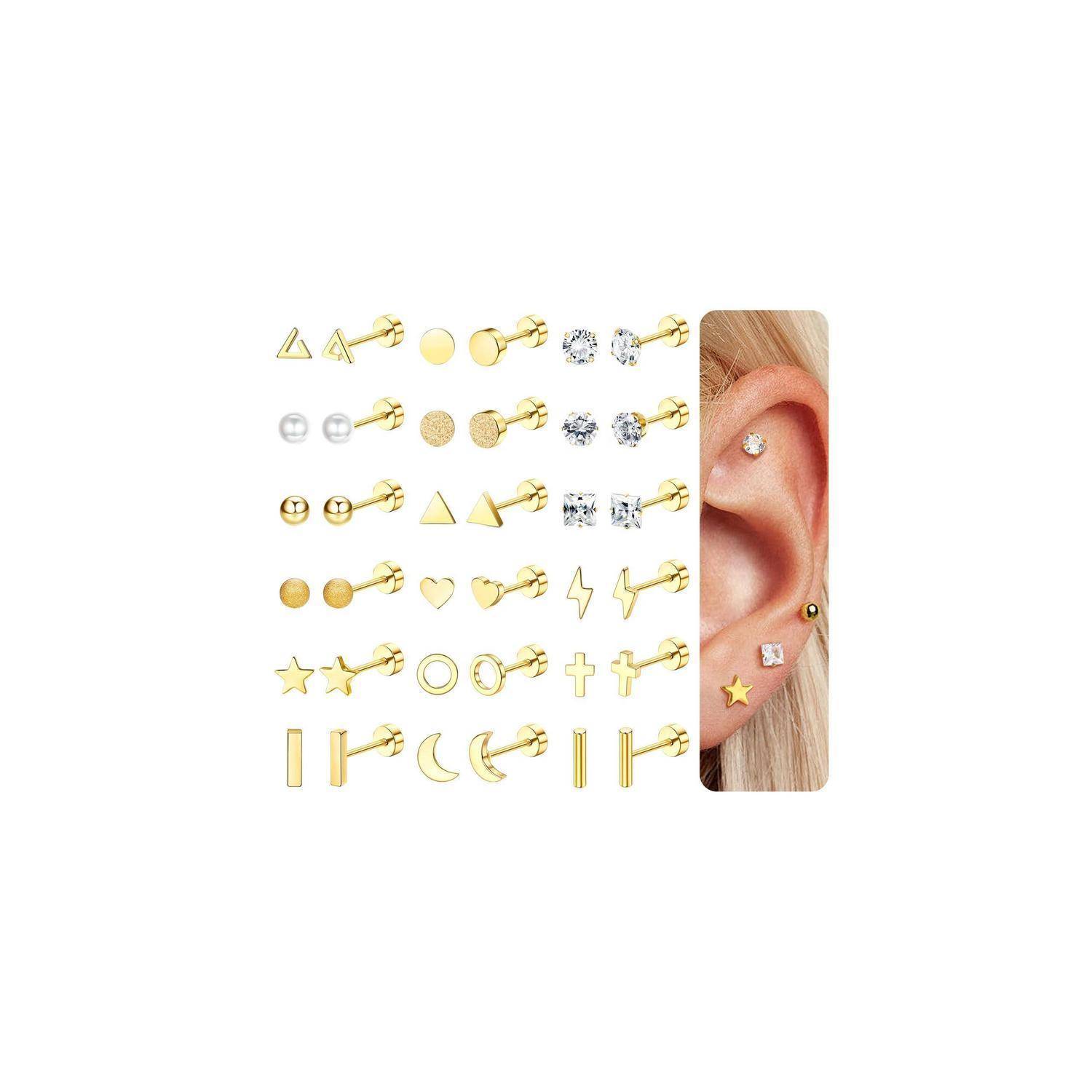 Goldstuhl-Ohrringe in verschiedenen Formen neben einer Nahaufnahme eines Ohrs mit mehreren Piercings und verschiedenen getragenen Ohrsteckern.