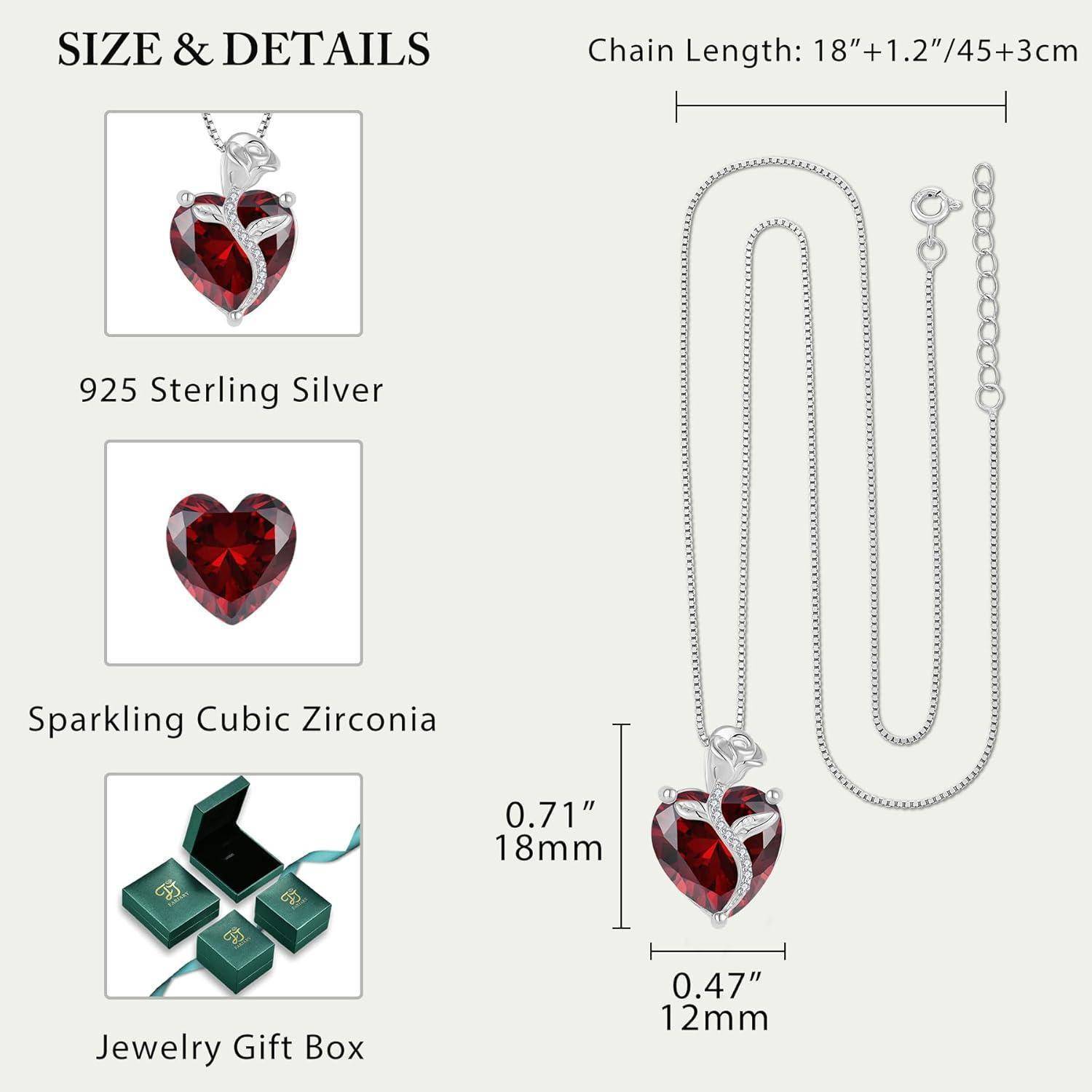 Produktgröße und Details für eine Silberhalskette aus 925er Sterlingsilber mit glitzernden kubischen Zirkonia und Schmuckgeschenkbox; Kettenlänge 18+1,2 Zoll, Anhänger 18 mm hoch und 12 mm breit.