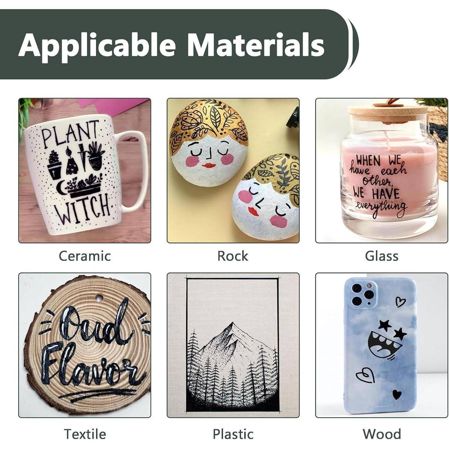 Diagramm mit anwendbaren Materialien und beschrifteten Beispielen: Keramiktasse, bemalter Stein, Glaskrug, Textilschild, Kunststoffkunstdruck und Holzhandyhülle.