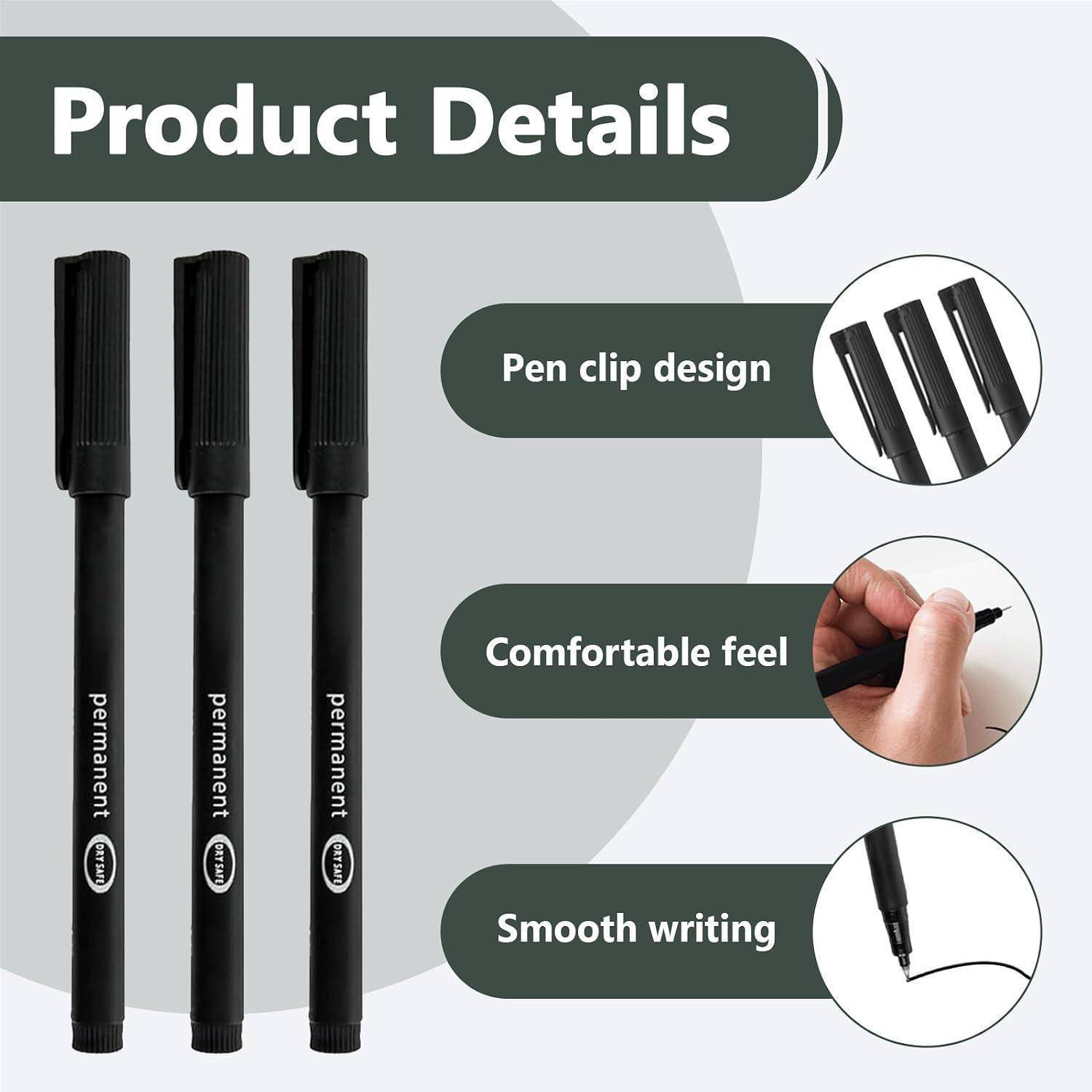 12 Stück Permanent Marker Fein Schwarz, Stift Schwarz Wasserfest Fein, 0,6mm Ultra Feiner Spitze, Schnell-Trocknend, Wischfest, Für Karton, Glas, Ku