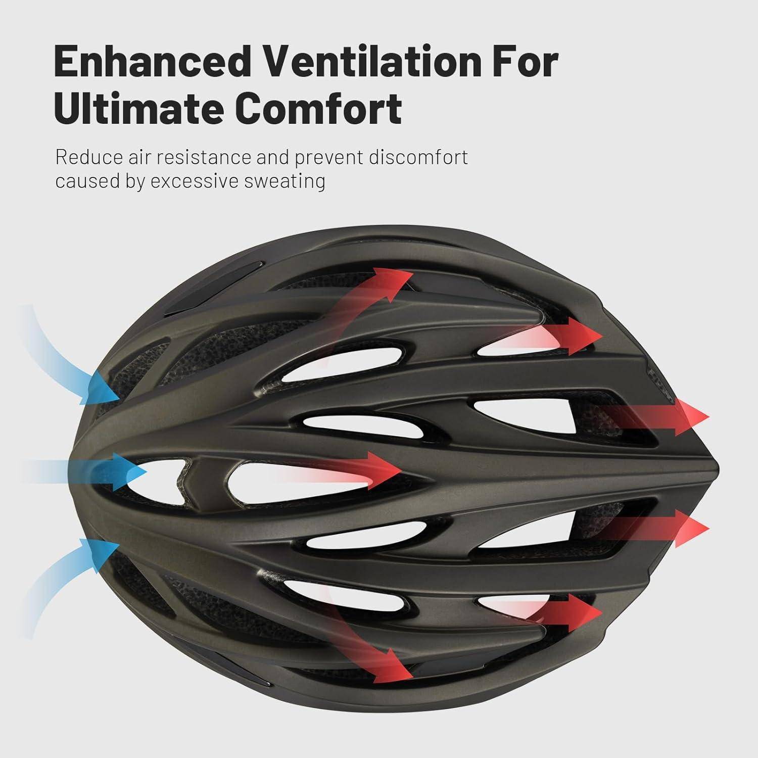 Werbegrafik eines schwarzen Fahrradshelms mit Luftströmungspfeilen und dem Text „Verbesserte Belüftung für ultimativen Komfort