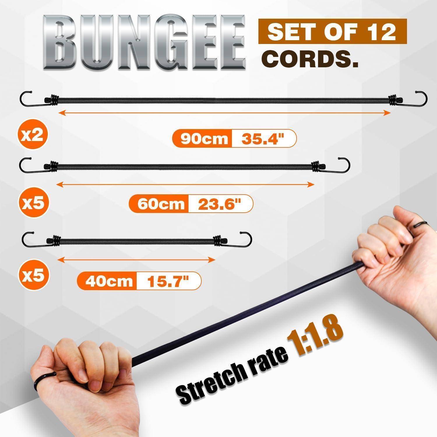 Produktgrafik eines Spanngurt-Sets mit 12 Teilen, zeigt Längen 90 cm, 60 cm und 40 cm, Dehnungsverhältnis 1:1,8, mit Händen, die ein Seil dehnen.