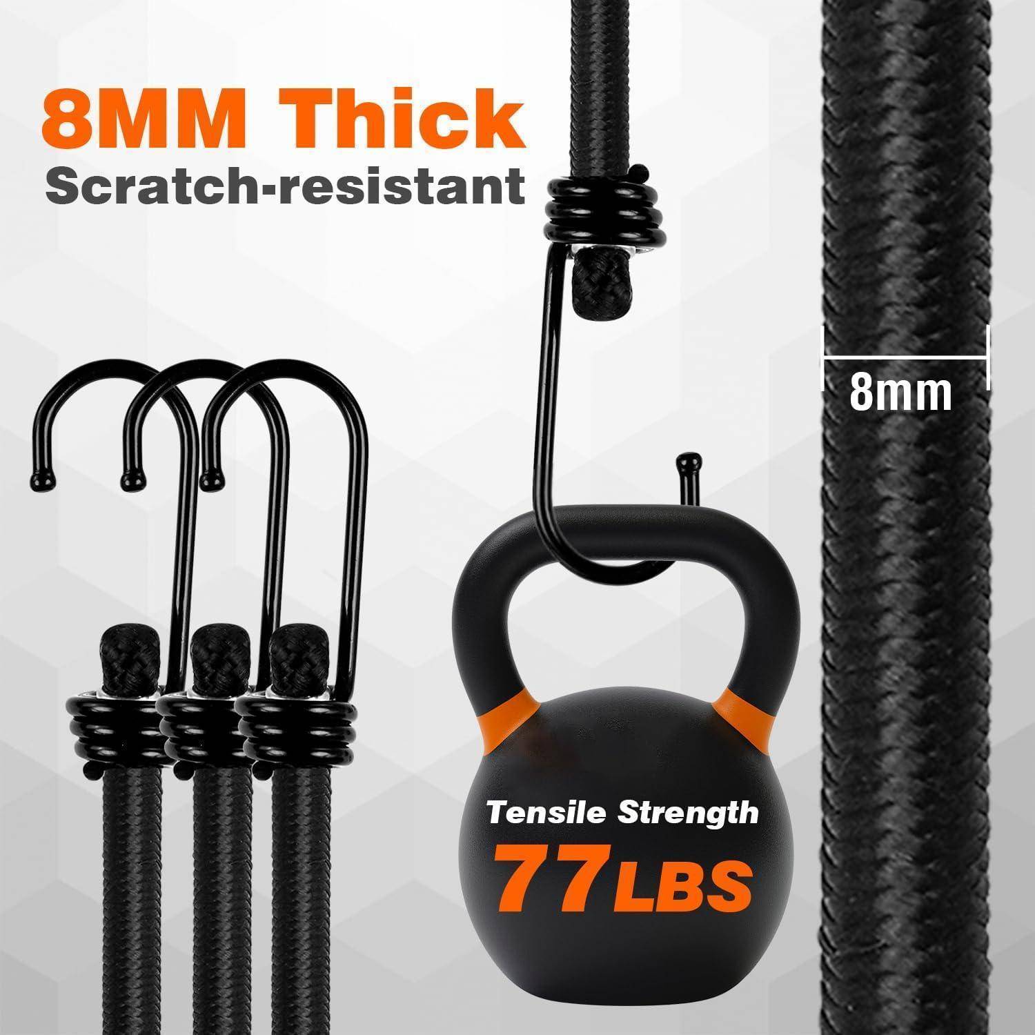 Werbung für 8 mm dickes kratzfestes Seil und Haken, mit einer Kettlebell mit der Aufschrift 