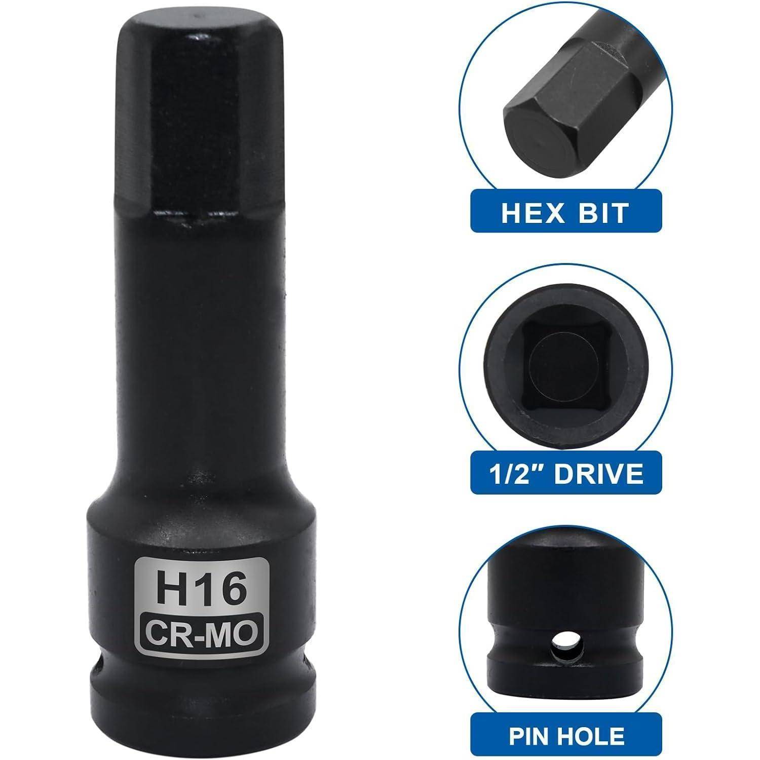 DAKCOS 1/2" Kraft Innensechskant Schlagschrauber Nüsse Satz, 10-tlg Sechskant Steckschlüssel Satz | 5mm - 19mm | CR-MO 1/2" | Innensechskant 5mm-19m