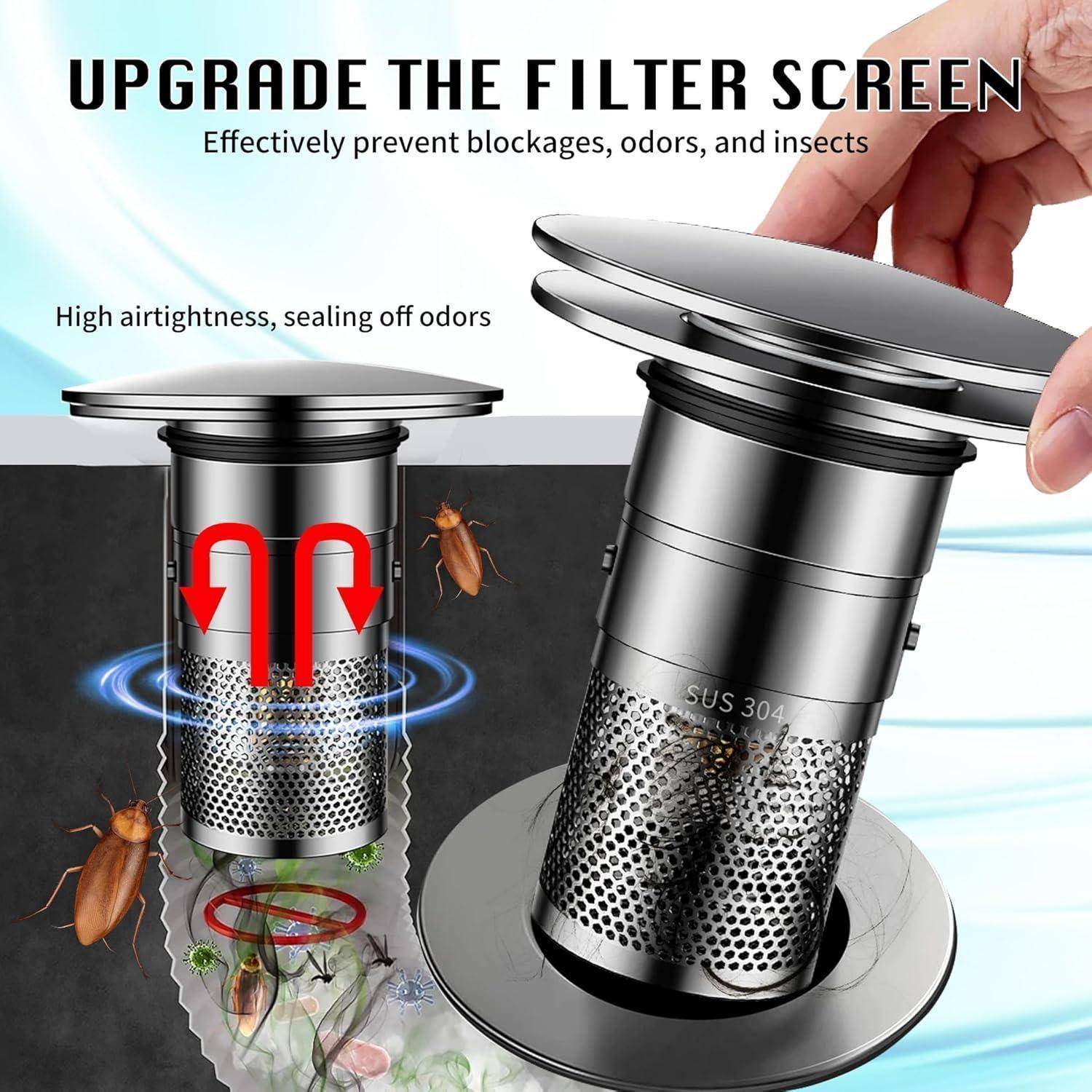 Werbeillustrierung eines Edelstahl-Spülbechenablauf-Filternetzes mit Deckel, das Upgrade-Vorteile zeigt: blockiert Gerüche, Insekten und Schmutz, mit hochwertigem luftdichtem Verschluss.