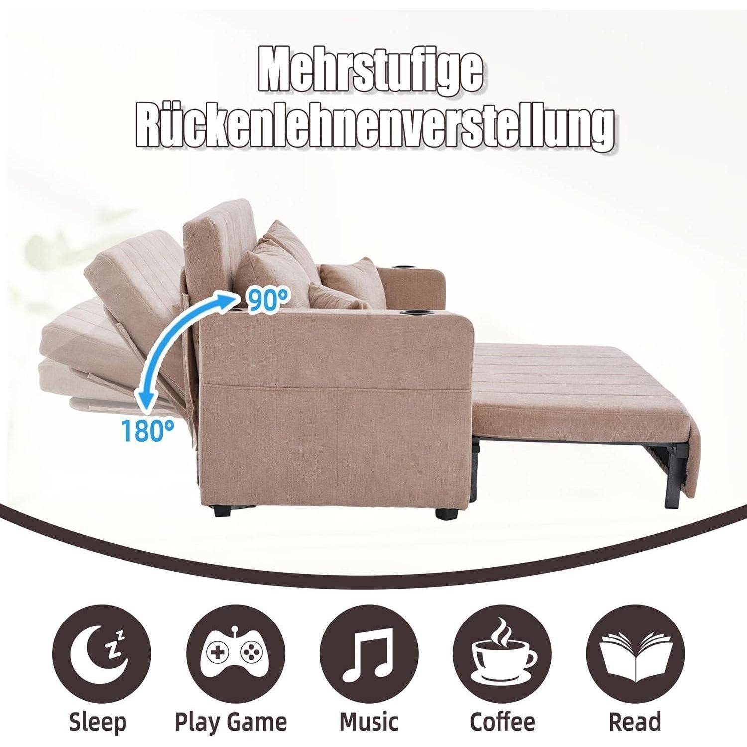 Umwandelbares Sofa-Bett mit verstellbarer Rückenlehne in mehreren Positionen, dargestellt im zurückgelehnten Zustand von 90° bis 180°; gekennzeichnete Verwendungszwecke sind Schlafen, Spielen, Musik hören, Kaffee trinken und Lesen.