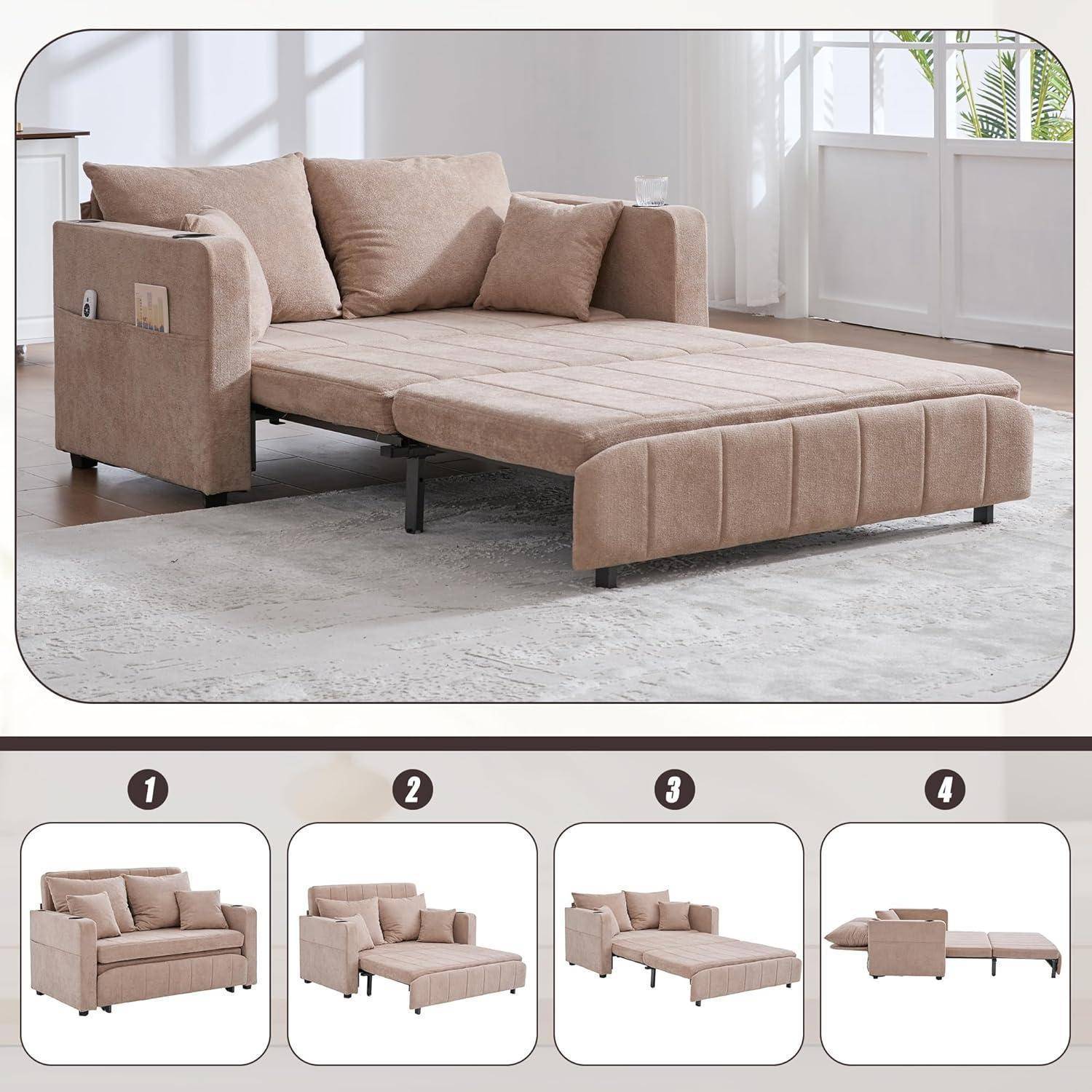 Beige gepolstertes Ecksofa mit Chaiselongue und ausziehbarem Bett; die Bildfolge unten zeigt die Umwandlung vom Sofa zum Schlafsofa in vier Schritten.