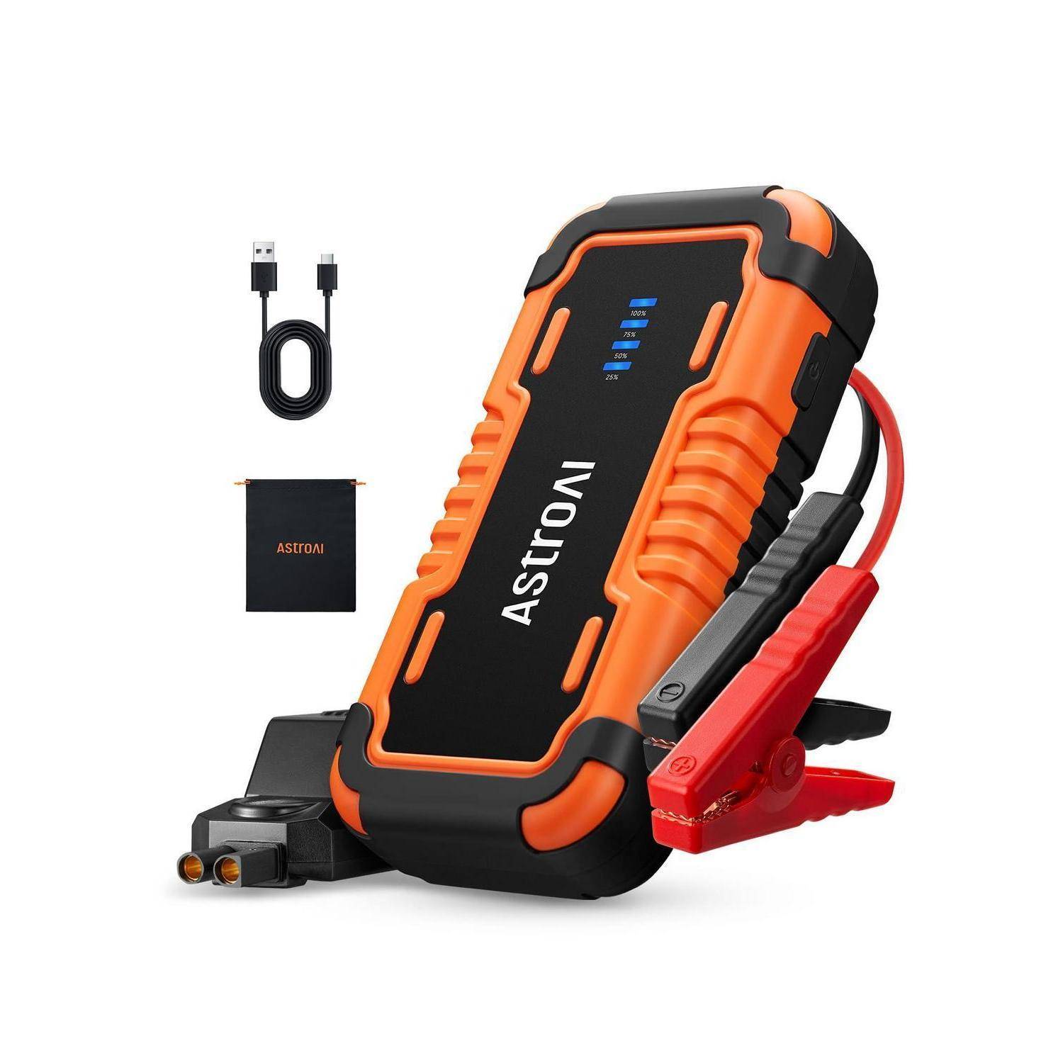 Tragbarer Starthilfegerät mit orange-schwarzem Gehäuse, angebrachten roten/schwarzen Klemmen, USB-Ladekabel und Batterie auf weißem Hintergrund.