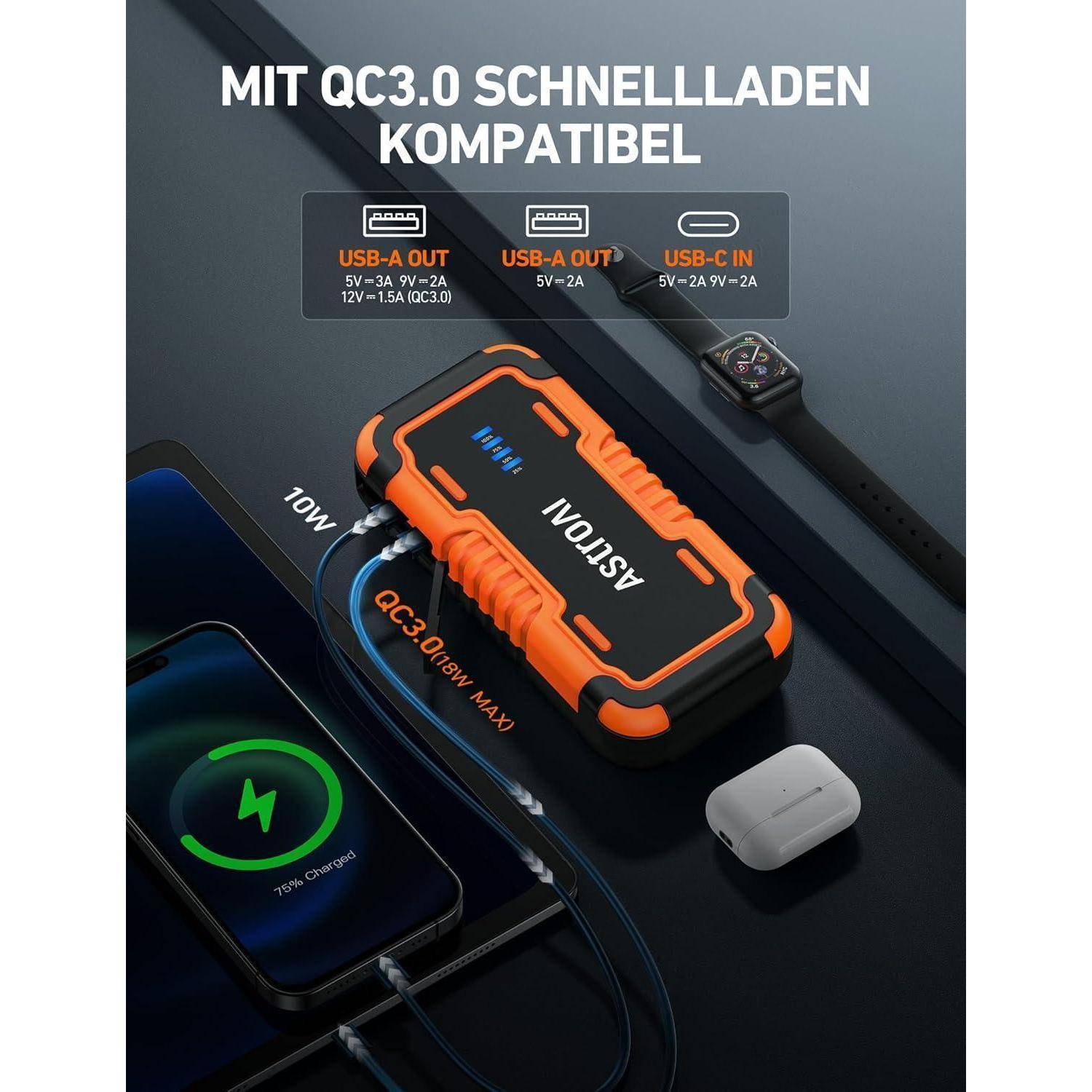 AstroAI P10 Starthilfe Powerbank für pkw, Auto Starthilfe Powerbank, funktioniert mit 10,0L Benzin und 8,0L Diesel, tragbarer Booster Auto