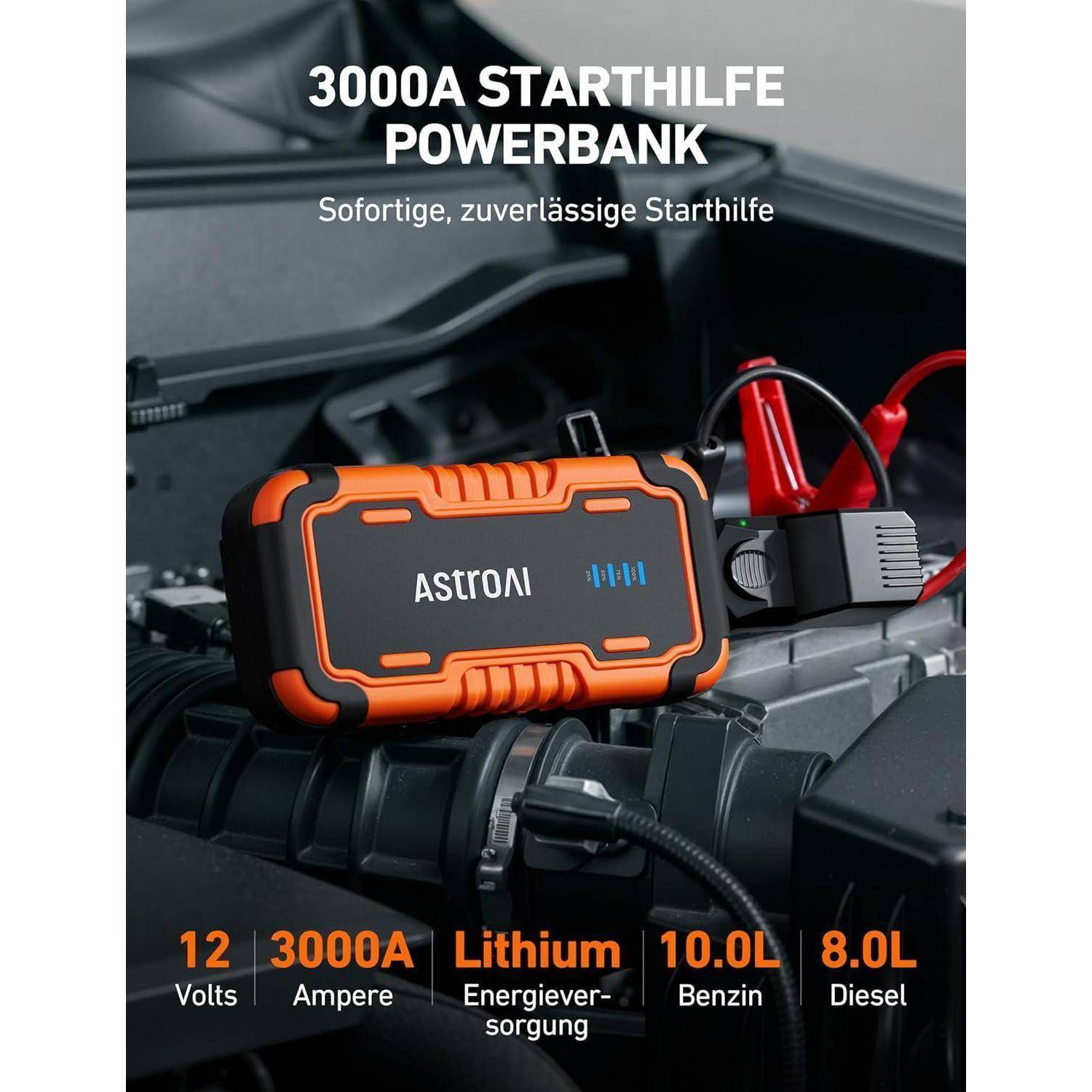 AstroAI P10 Starthilfe Powerbank für pkw, Auto Starthilfe Powerbank, funktioniert mit 10,0L Benzin und 8,0L Diesel, tragbarer Booster Auto