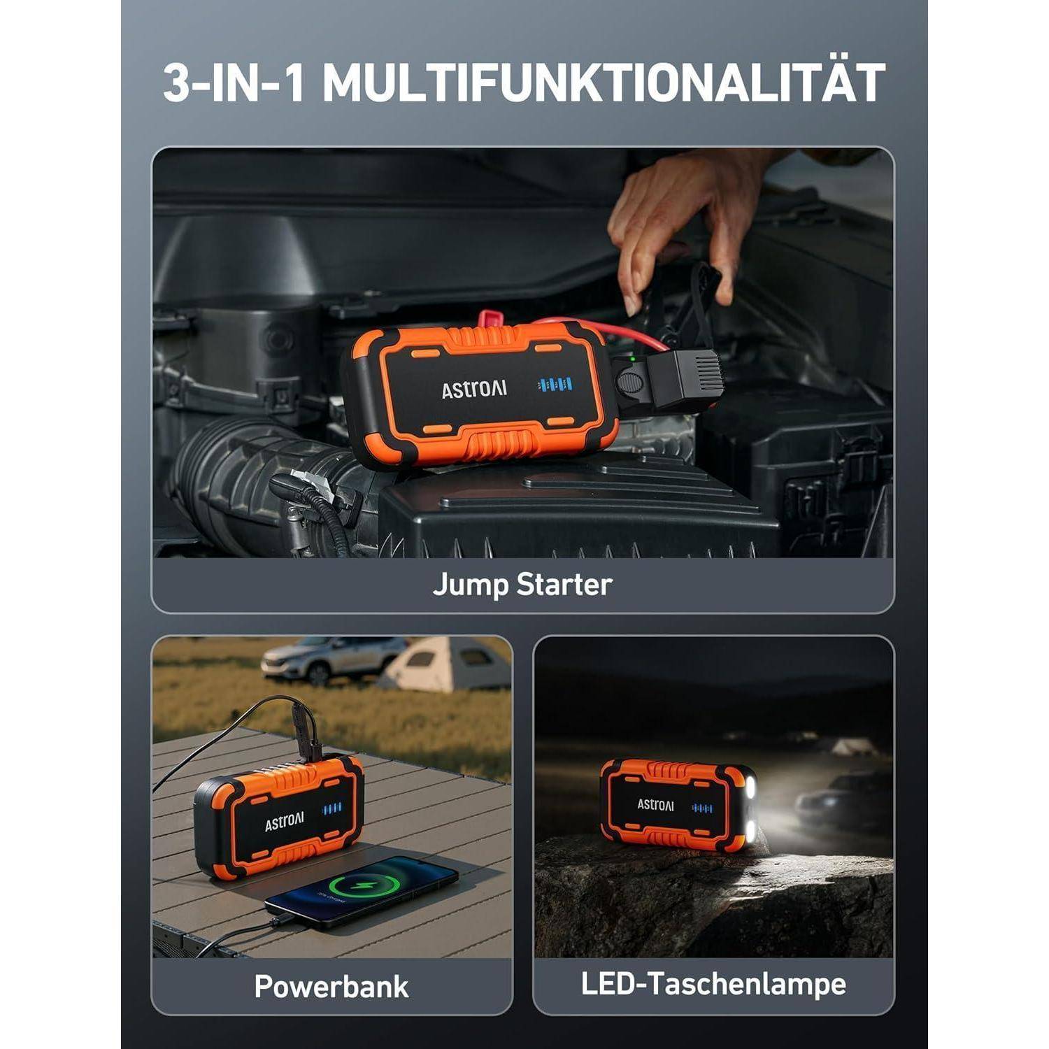 AstroAI P10 Starthilfe Powerbank für pkw, Auto Starthilfe Powerbank, funktioniert mit 10,0L Benzin und 8,0L Diesel, tragbarer Booster Auto