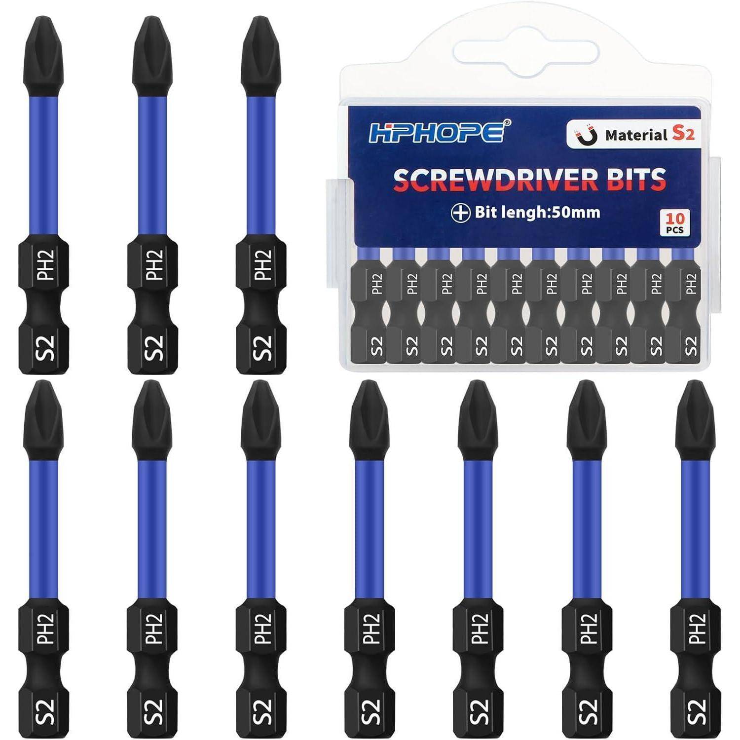 HPHOPE PH2 Bit, Phillips Bits PH2, Bit-Sortiment, Länge: 50 mm, 10 Stück 50mm, PH2, 10 Stück