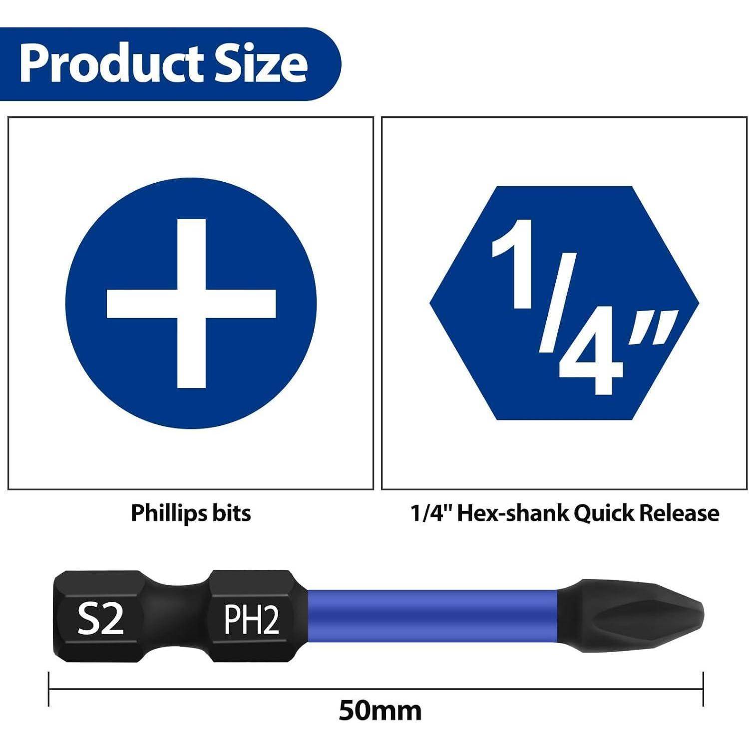 HPHOPE PH2 Bit, Phillips Bits PH2, Bit-Sortiment, Länge: 50 mm, 10 Stück 50mm, PH2, 10 Stück