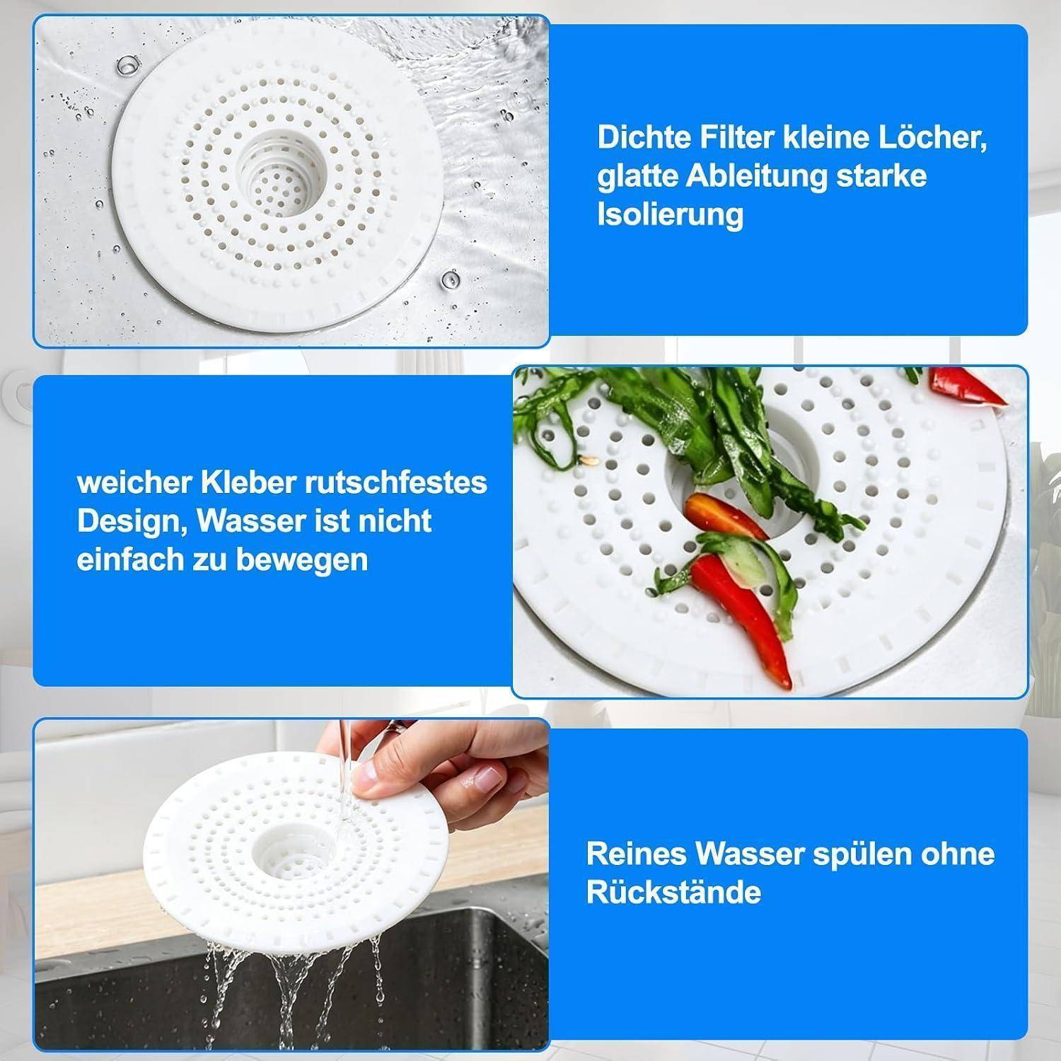 Grafik mit drei Paneelen, die einen weißen Spülbechenablauffilter zeigt: enge Löcher und sanfte Drainage, rutschfeste Klebstoffkonstruktion und einfaches Ausspülen ohne Rückstände.