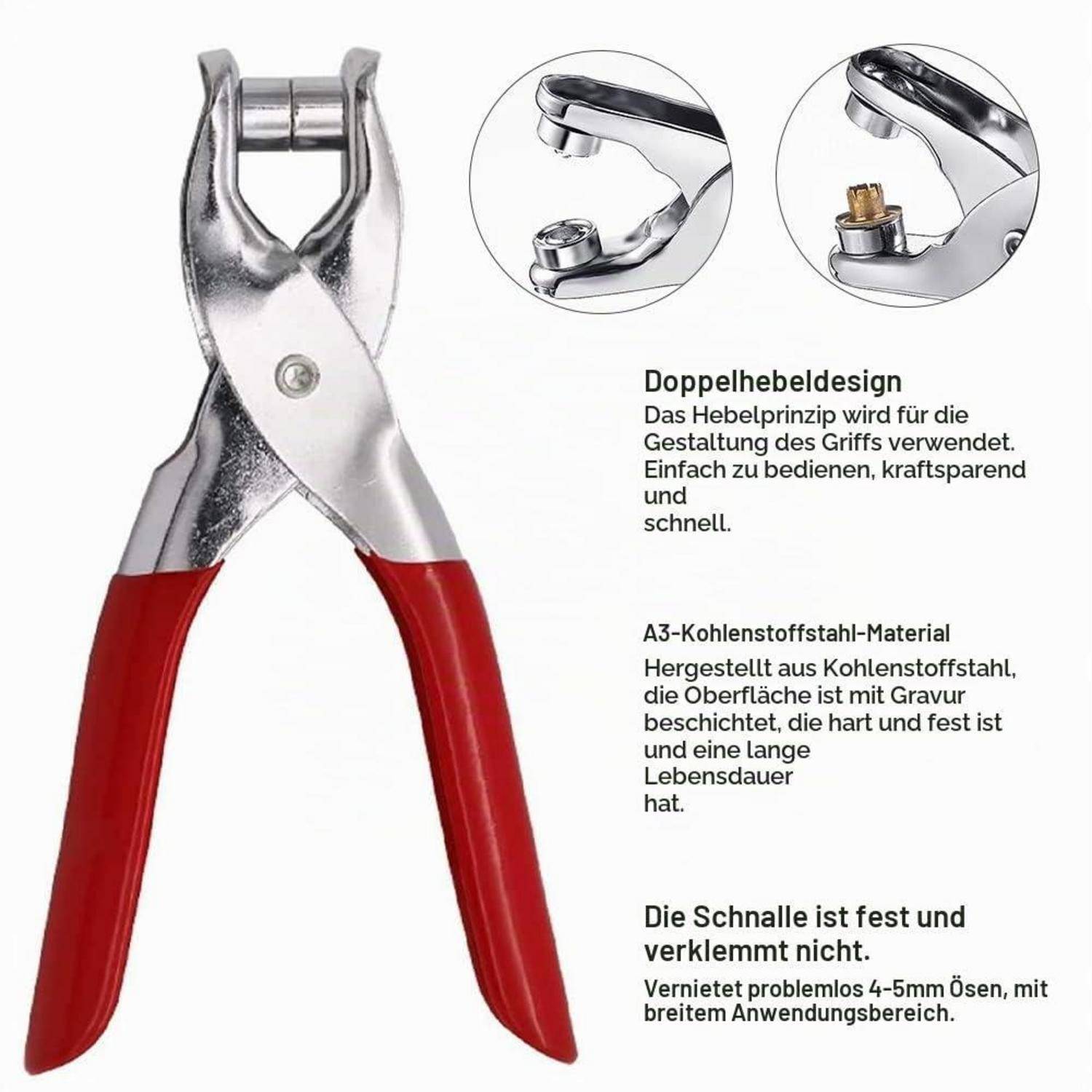 Locher mit roten Griffen und deutscher Beschriftung, die das Doppelhebel-Design, Werkzeugstahl und die sichere Nietsetzung von 4-5 mm hervorheben.