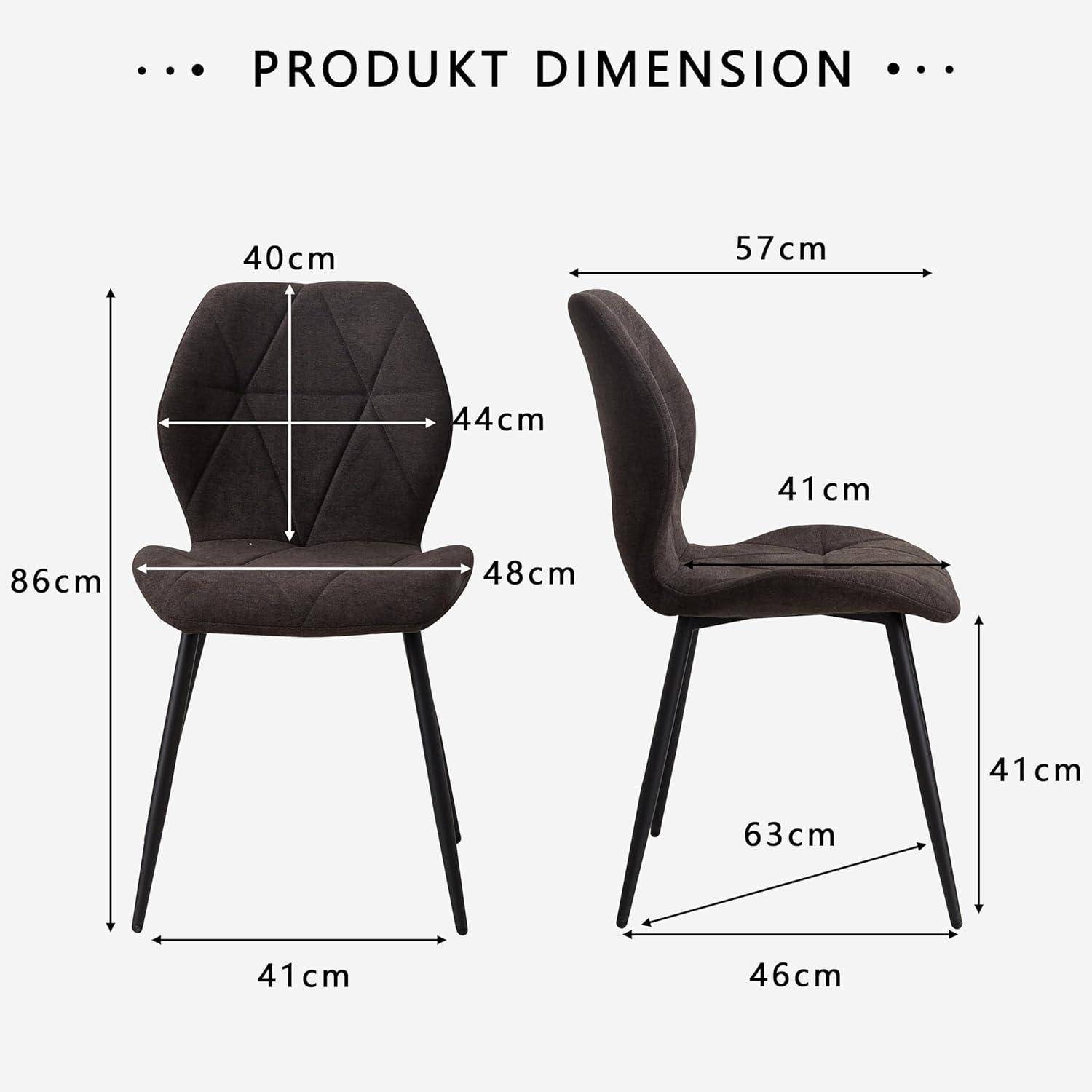 Dimensionszeichnung eines gepolsterten Stuhls mit Vorder- und Seitenansicht mit Maßen: 86cm Höhe, 57cm Tiefe, 46cm Breite, 41cm Sitzhöhe und 44cm/40cm/48cm/63cm Schlüsseldimensionen.