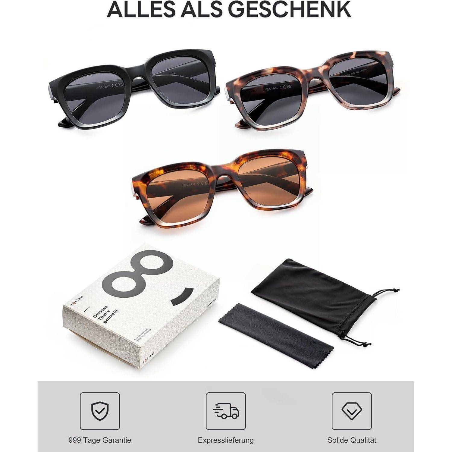 Produktanzeige mit drei Sonnenbrillenpaaren mit Etui, Reinigungstuch und Karton, beschriftet mit „ALLES ALS GESCHENK" und Symbolen für 999-Tage-Garantie, Expressversand und solide Qualität.