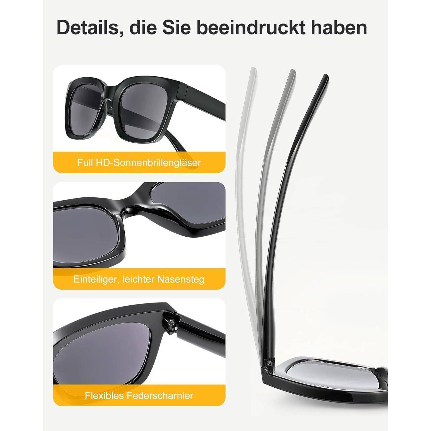 Produktbild schwarzer Sonnenbrille mit hervorzuhebenden UV-Linsen, einteiligem leichtem Nasensteg und flexiblen Federscharnieren; deutscher Titel „Details, die Sie beeindruckt haben".