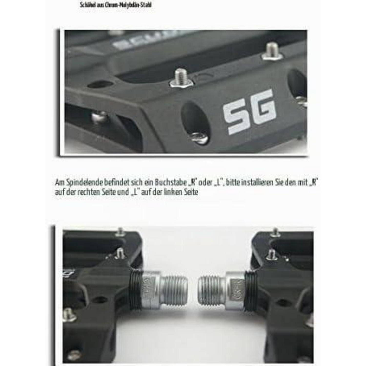 Instruktionsbild, das eine Fahrradpedalwelle mit den Markierungen "S"" und ""G"" zeigt, sowie eine Anmerkung, die erklärt, dass ""S"" auf der rechten Seite und ""L"" auf der linken Seite installiert werden soll.