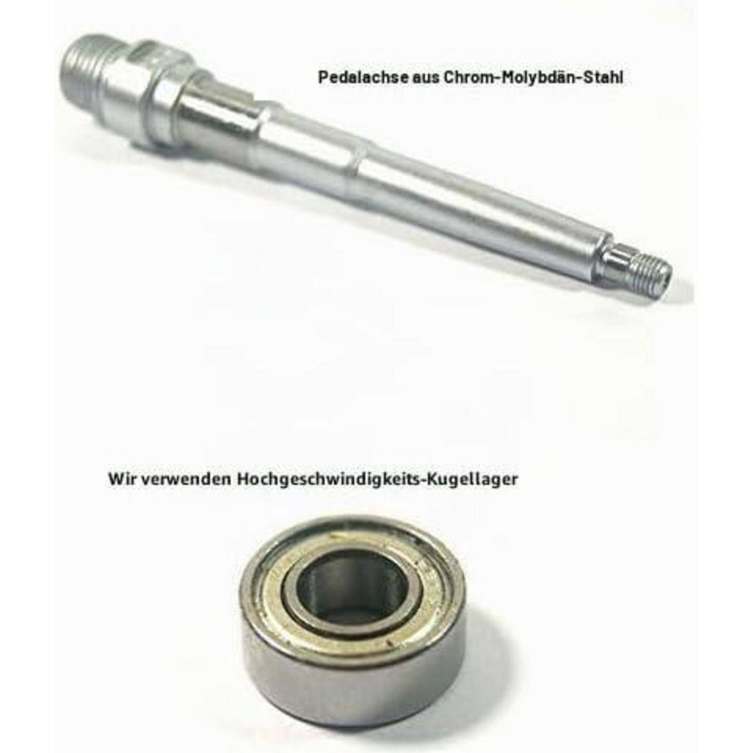 Produktbild einer Metallpedalwelle aus Chrom-Molybdän-Stahl mit der Bezeichnung "Pedalachse aus Chrom-Molybdän-Stahl"" und einem Kugellager mit der Bezeichnung ""Wir verwenden Hochgeschwindigkeits-Kugellager"".