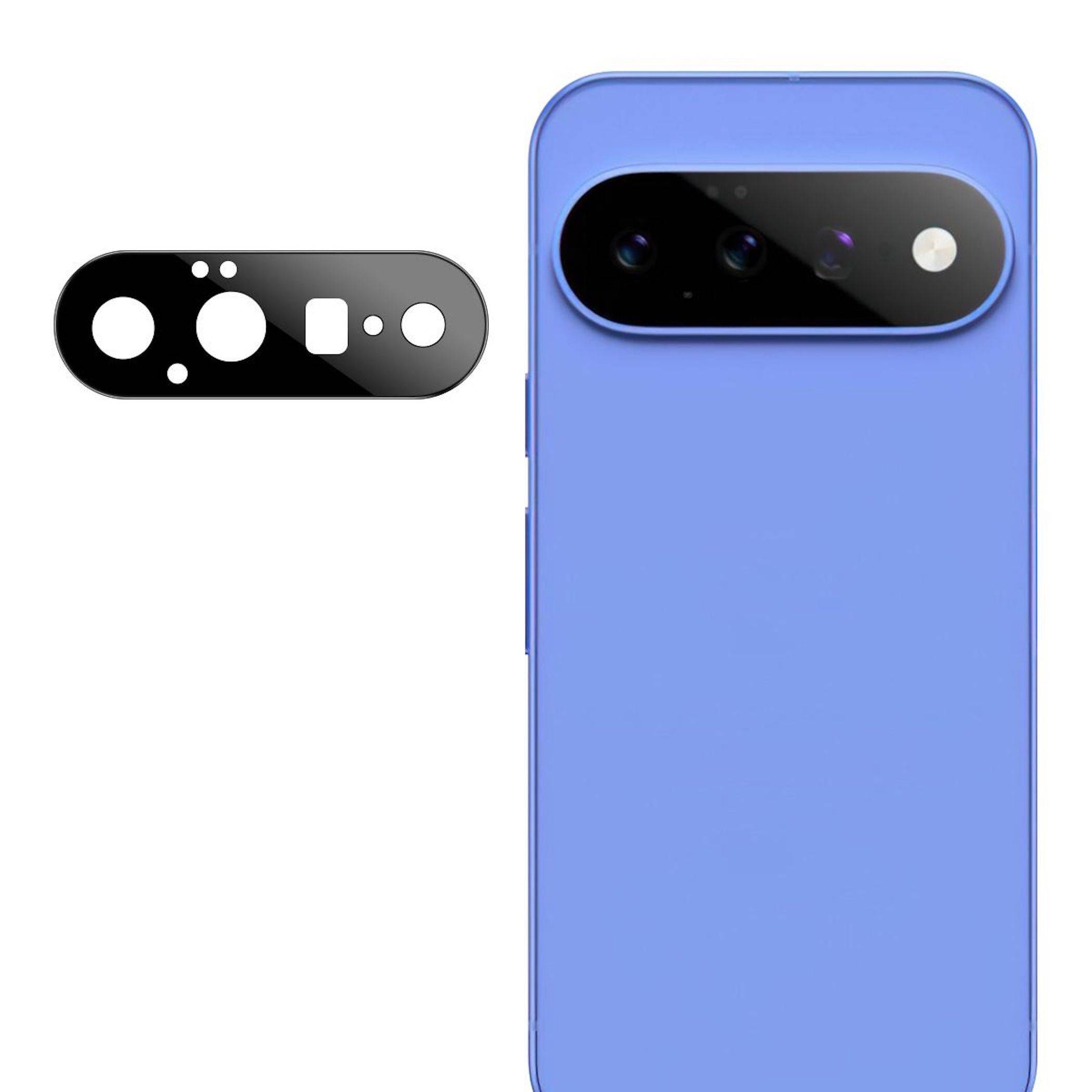 Blaues Smartphone mit einer schwarzen horizontalen Kameraleiste oben, dargestellt mit einer separaten schwarzen Ersatz-Kameraabdeckplatte mit Ausschnitten für Linse und Blitz.