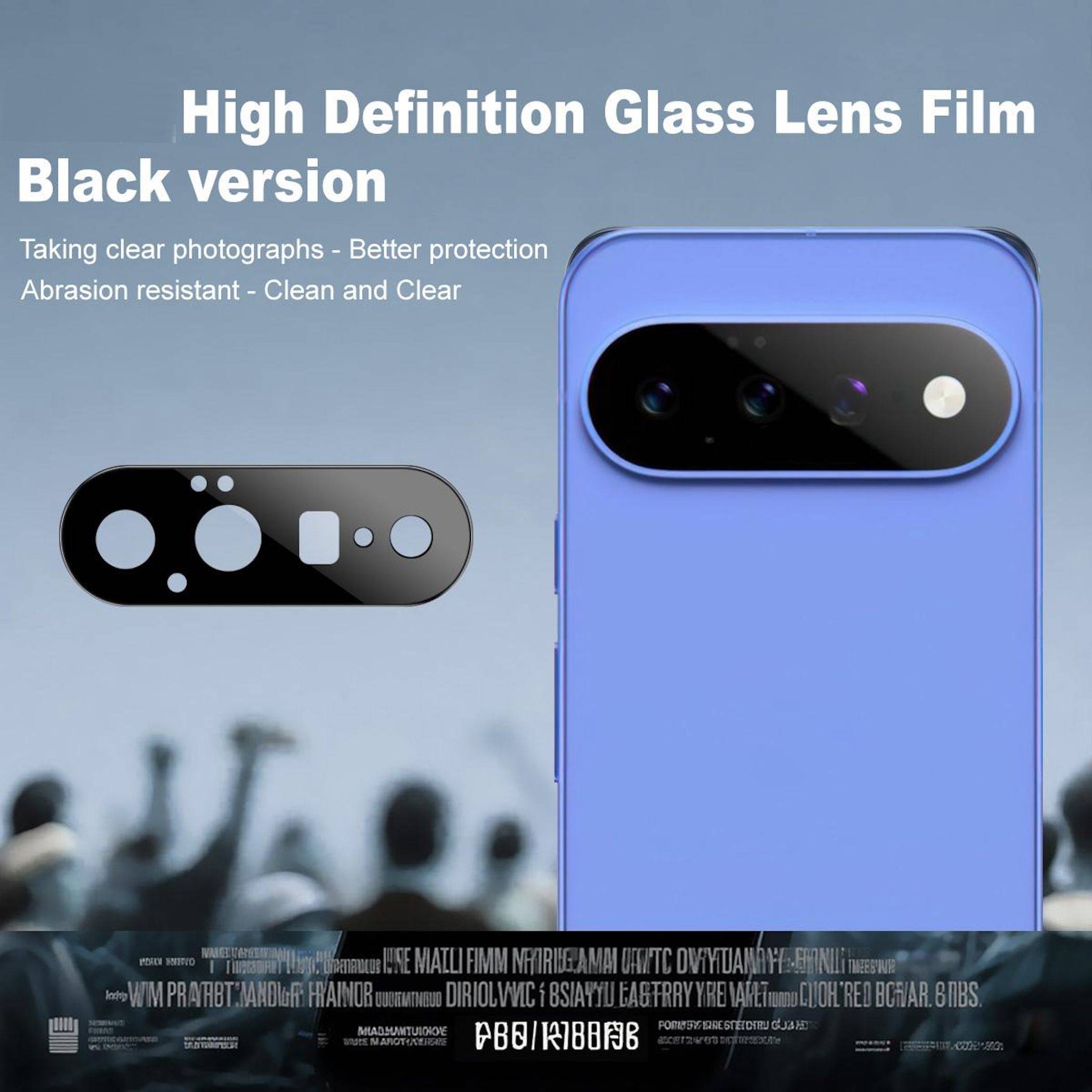 Werbegrafik für 'High Definition Glass Lens Film Black version' mit einem Kameralinsen-Schutz für Telefone und einem blauen Smartphone, mit Text über klare Fotos und Abriebfestigkeit.