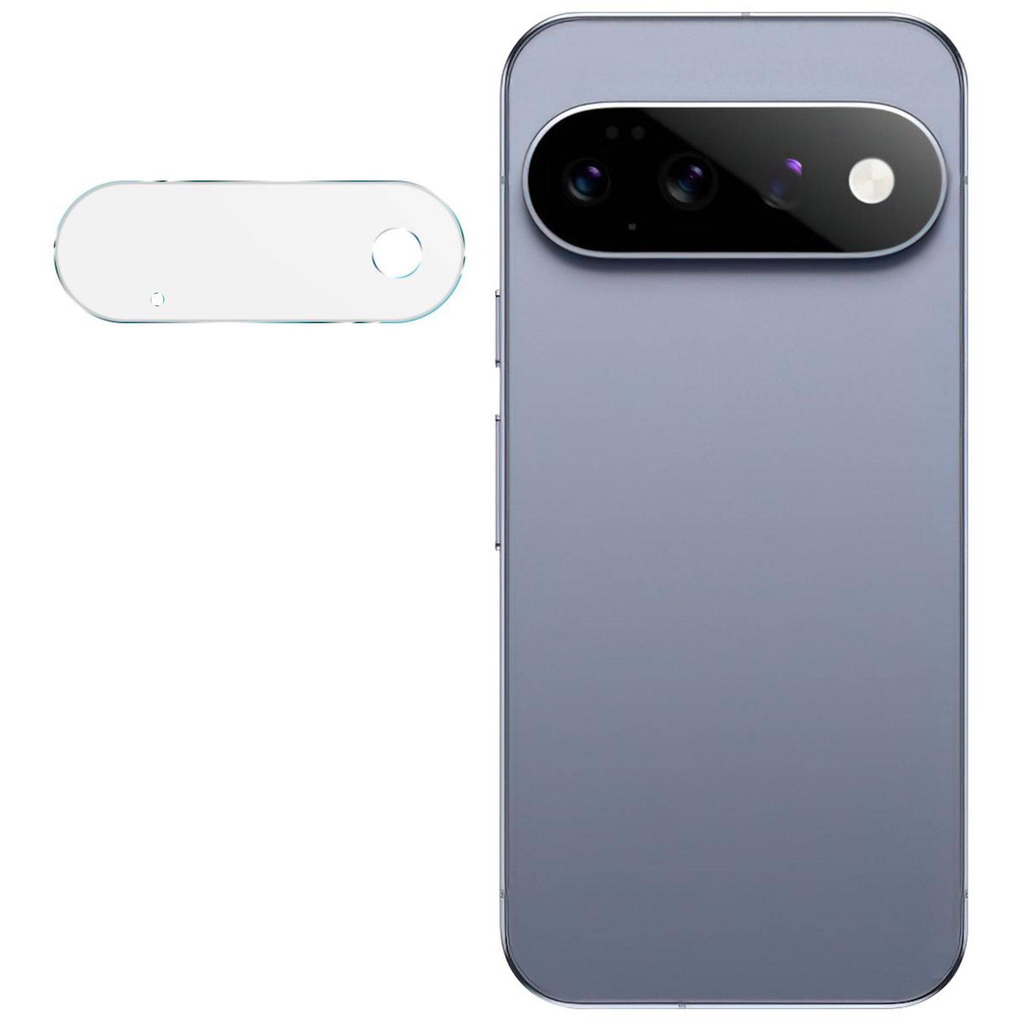 Rückseite eines grauen Smartphones mit einer horizontalen Triple-Kamera-Leiste und Blitz; daneben ist ein separates weißes ovales Zubehör- oder Schutzteil dargestellt.