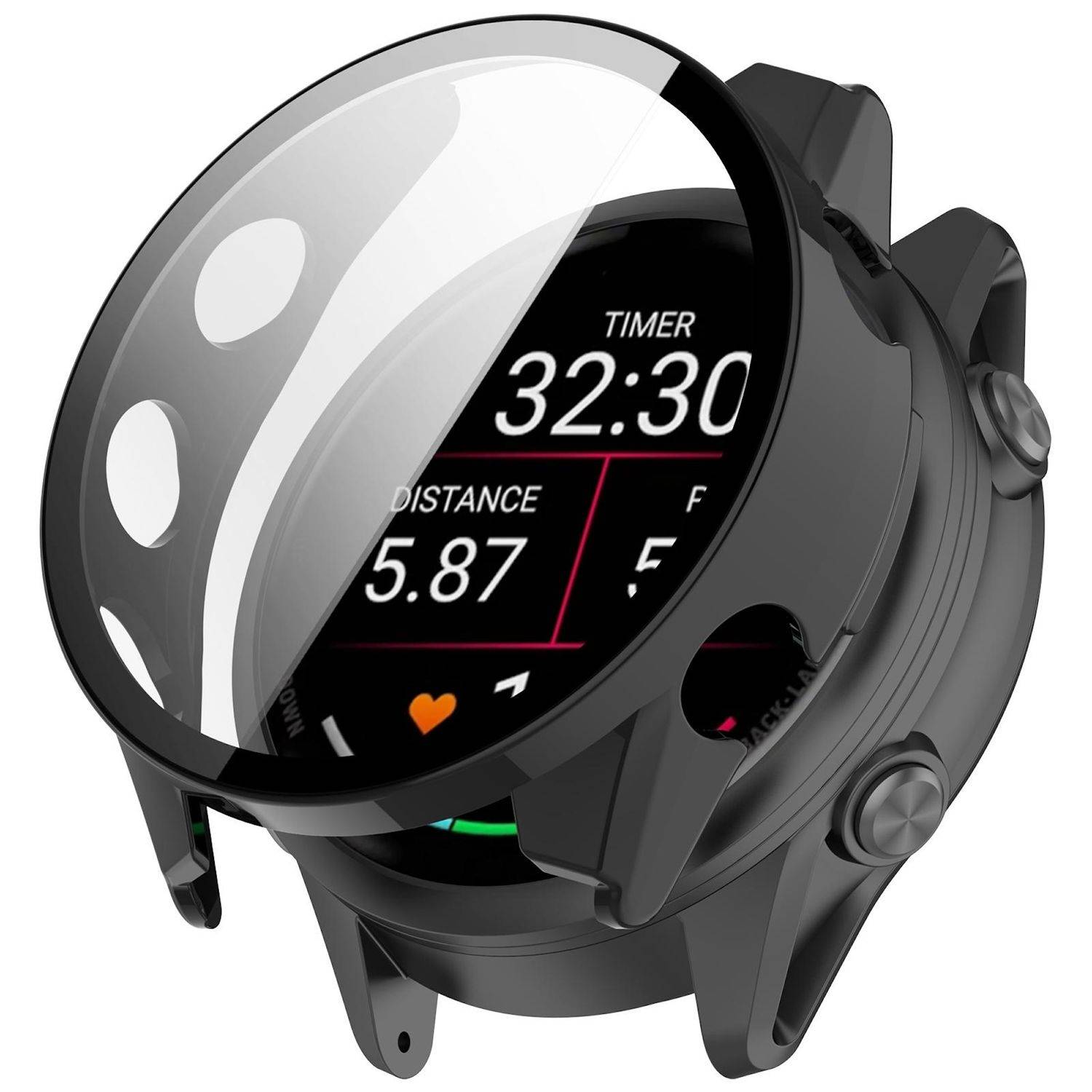 Schwarze runde Smartwatch mit aufklappbarem Schutzlinsen-Design, zeigt Timer 32:30 und Distanz 5.87 auf dem Display.