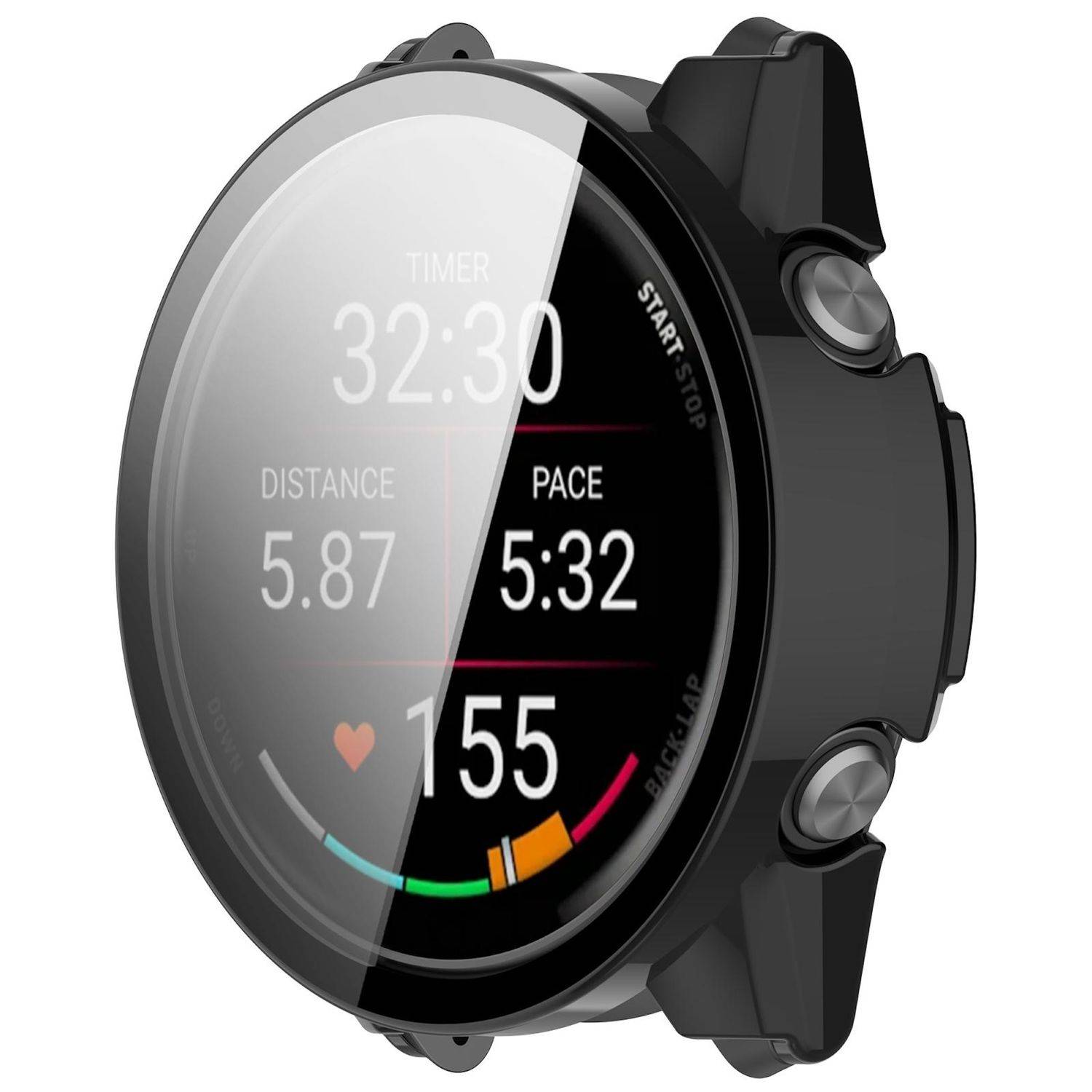 Schwarze Smartwatch zeigt Fitnessdaten an: Zeit 32:30, Distanz 5,87, Tempo 5:32, Herzfrequenz 155, mit Start/Stopp- und Zurück/Runden-Tasten.