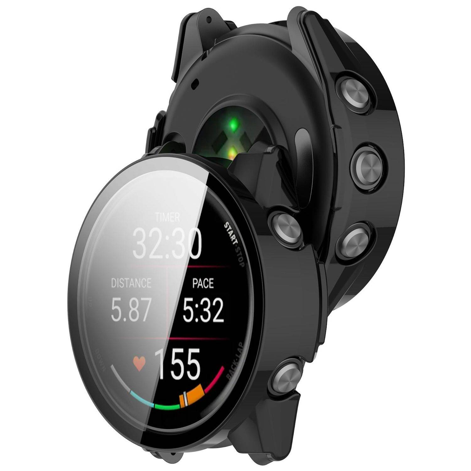 Schwarze runde Smartwatch mit digitaler Fitness-Anzeige, die einen Timer von 32:30, eine Entfernung von 5,87, ein Tempo von 5:32 und eine Herzfrequenz von 155 anzeigt.