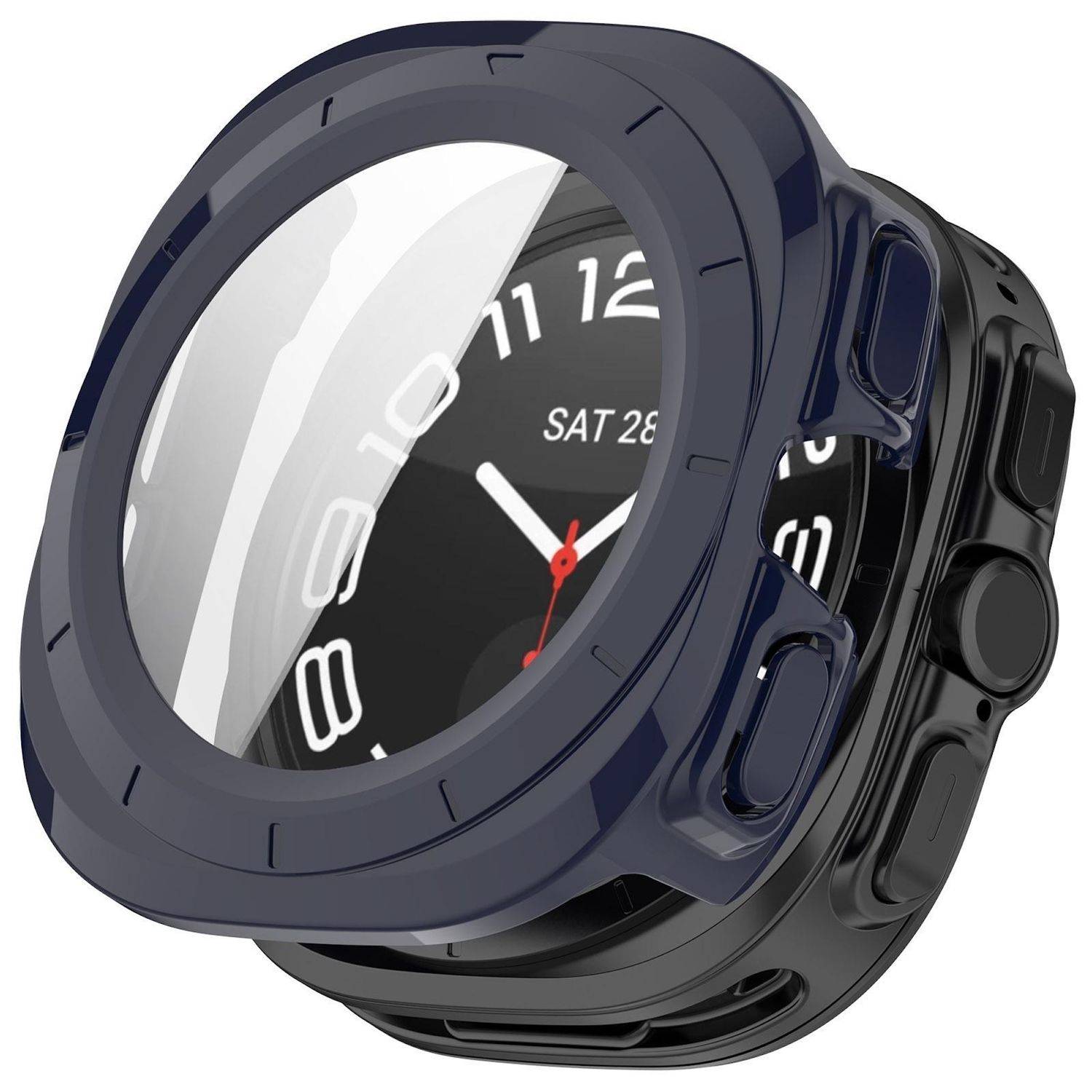 Schwarze runde Smartwatch mit dunkelblauem Schutzgehäuse, zeigt ein analoges Zifferblatt und das Datum „SA 28