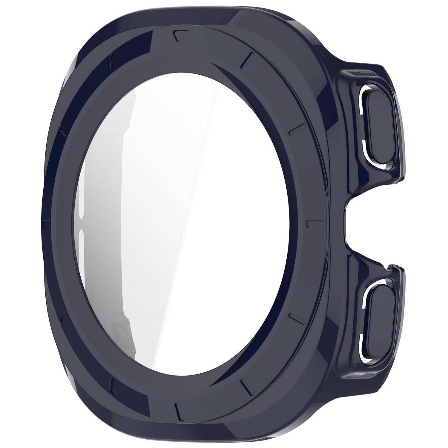 Dunkelblauer Schutzkasten oder Lünette für eine runde Smartwatch oder ein Display, dargestellt in Dreiviertelsicht mit seitlichen Tastenausschnitten.