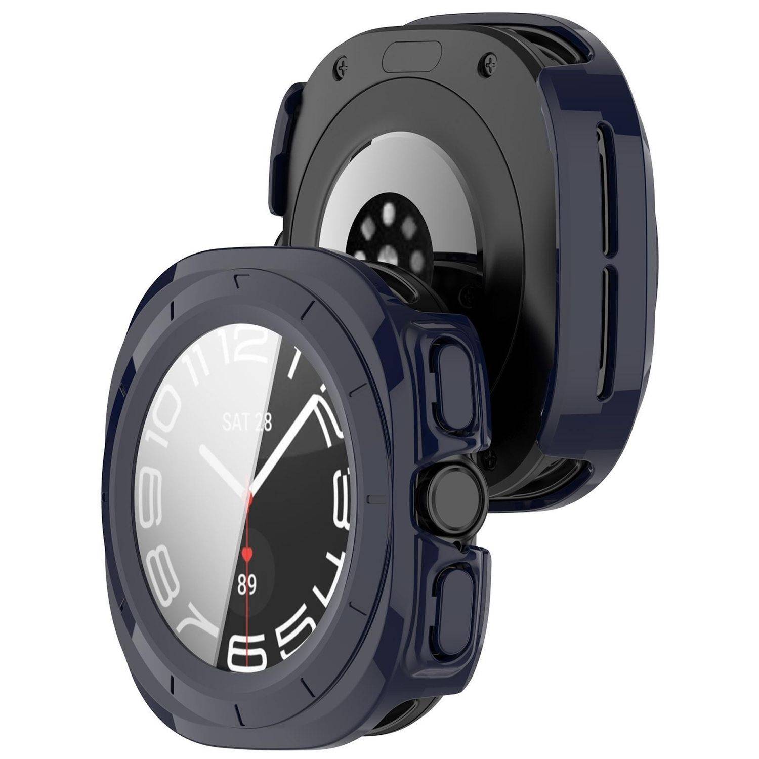 Dunkelblaue Smartwatch mit rundem Display, von vorne und hinten gezeigt, um das Gehäuse, die Seitentasten und die Armbandbefestigung hervorzuheben.