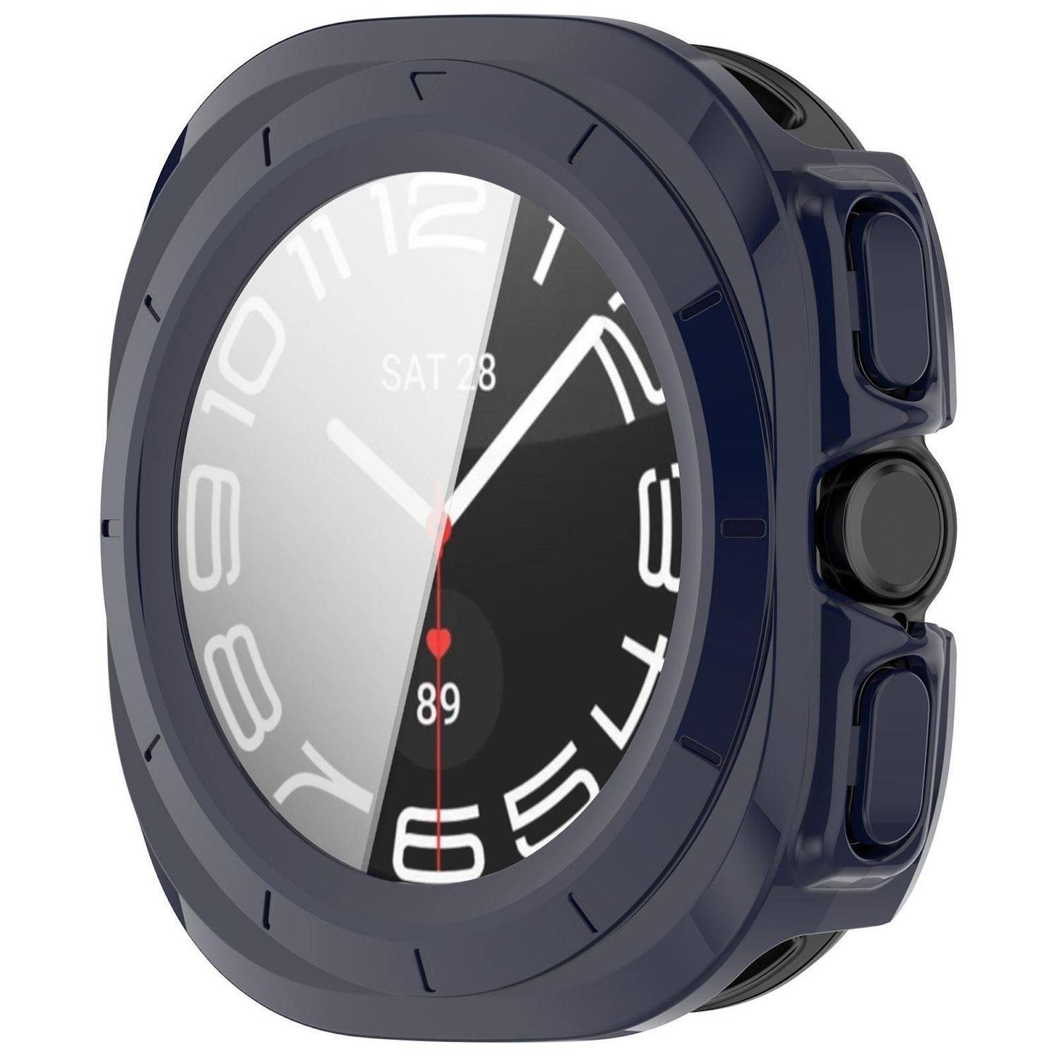 Dunkelblau-Smartwatch in Dreiviertelansicht mit analogem digitalen Zifferblatt, Datum "SA 28"" und Pulsmessung 89.