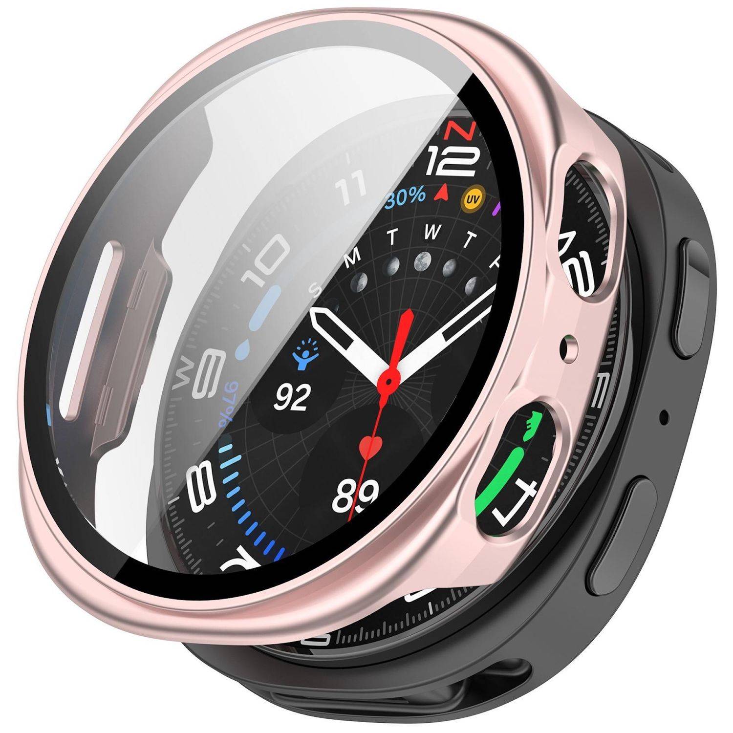 Runde Smartwatch mit rosa Gehäuse und schwarzem Armband, die ein analog-digitales Zifferblatt mit Datum, Wetter, Akku- und Aktivitätsindikatoren anzeigt.