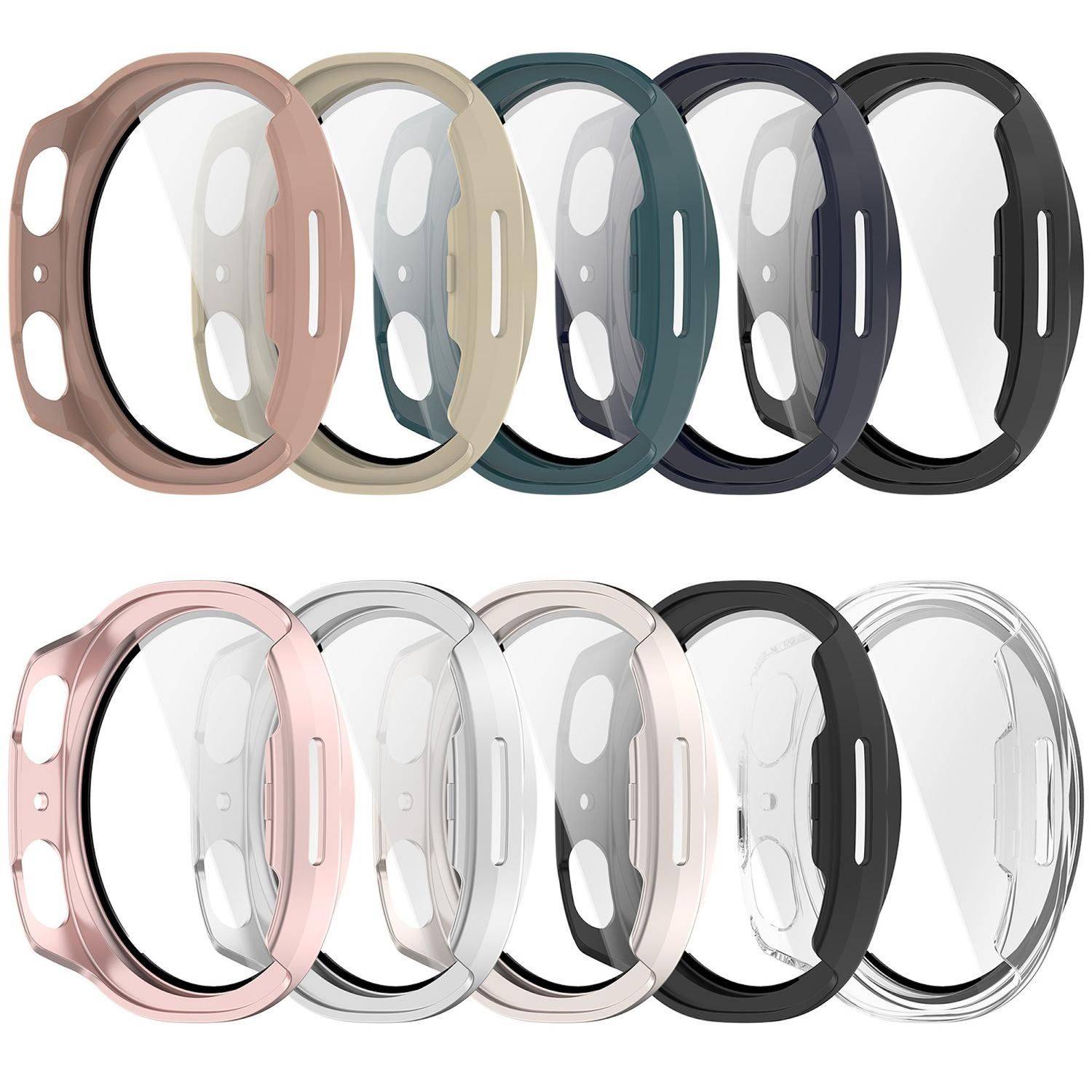 Zwei Reihen farbenfroher Schutzgehäuse/Stoßfänger für Smartwatches in mehreren Ausführungen wie Roségold, Beige, Petrol, Marineblau, Schwarz, Rosa, Weiß und transparent.