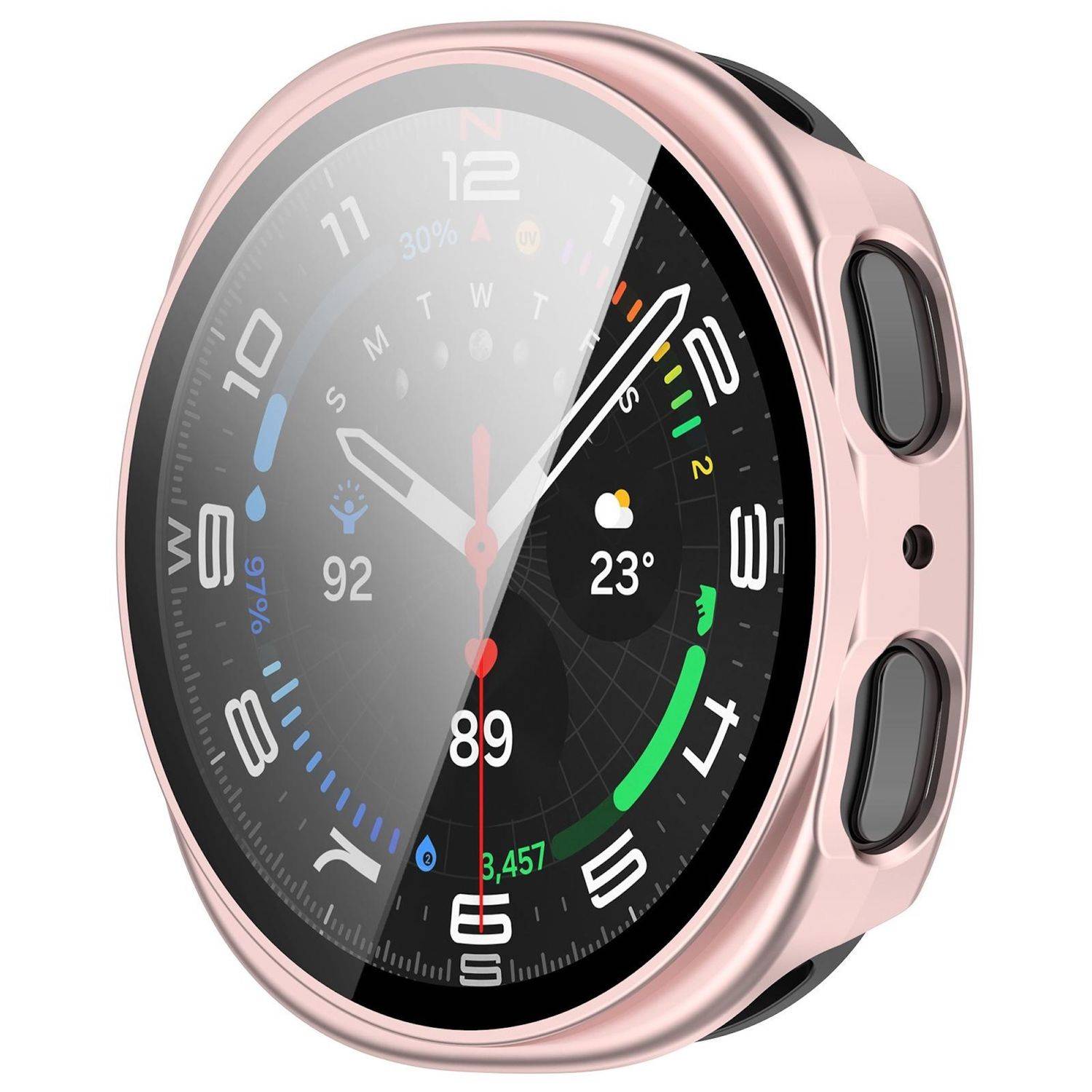 Rosé-Goldfarbene Smartwatch mit rundem digitalen Display, das die Uhrzeit im Analogstil anzeigt, sowie Fitness- und Wetter-Widgets