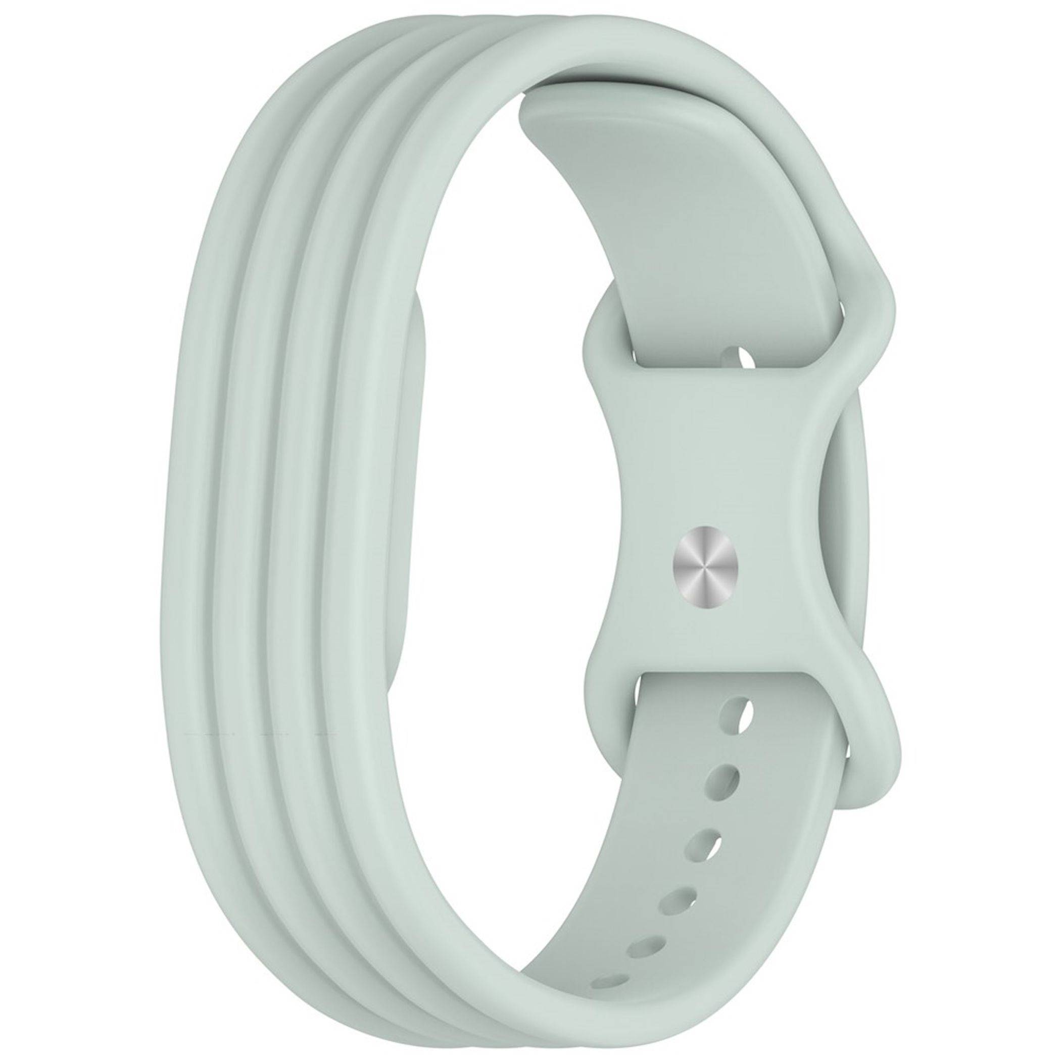 Mintgrünes Silikon-Fitness-Tracker-Band mit Verschluss und verstellbaren Löchern, auf weißem Hintergrund dargestellt.