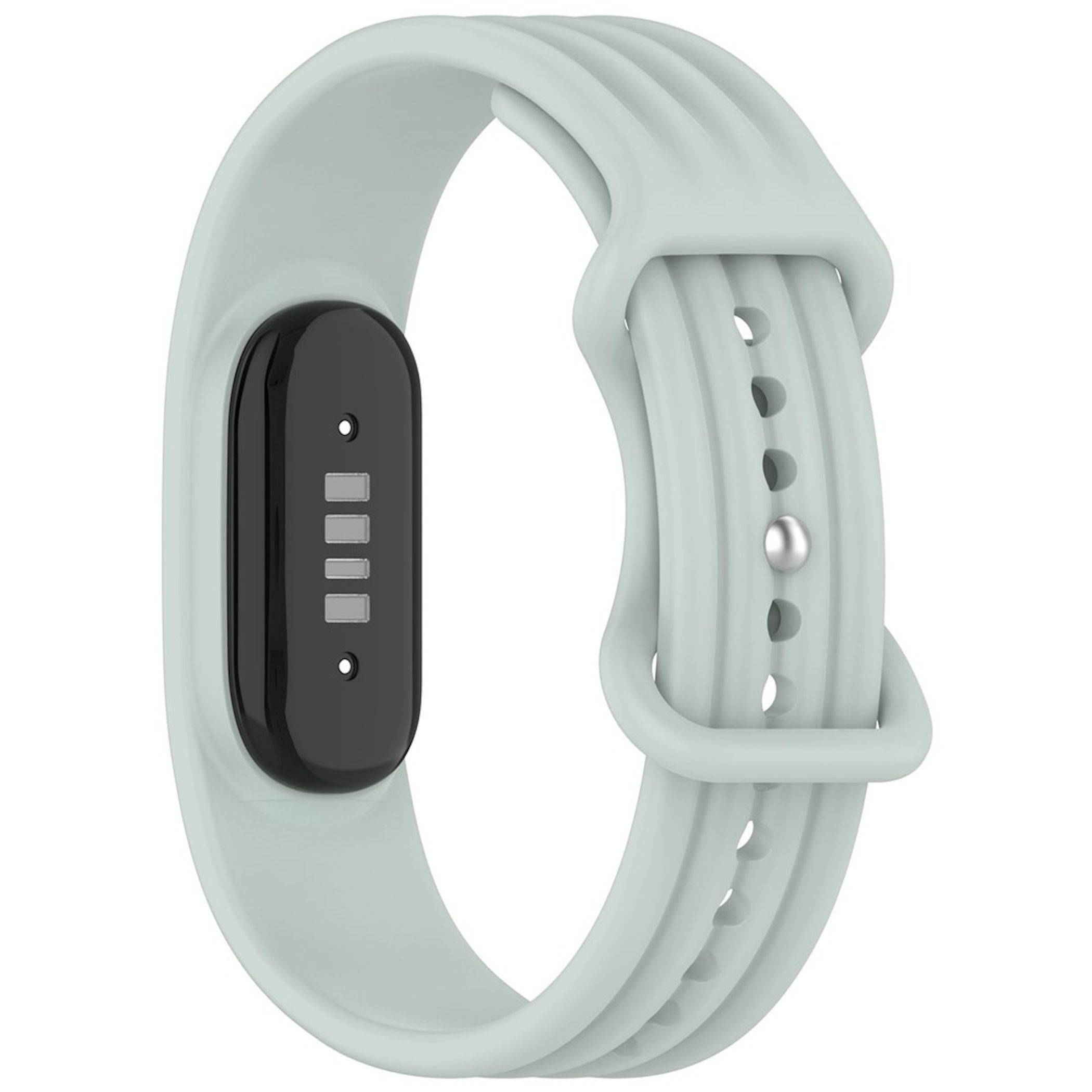 Ein mintgrünes Fitness-Tracker-Armband mit schwarzem magnetischem Modul und verstellbarem Verschluss, auf weißem Hintergrund dargestellt.